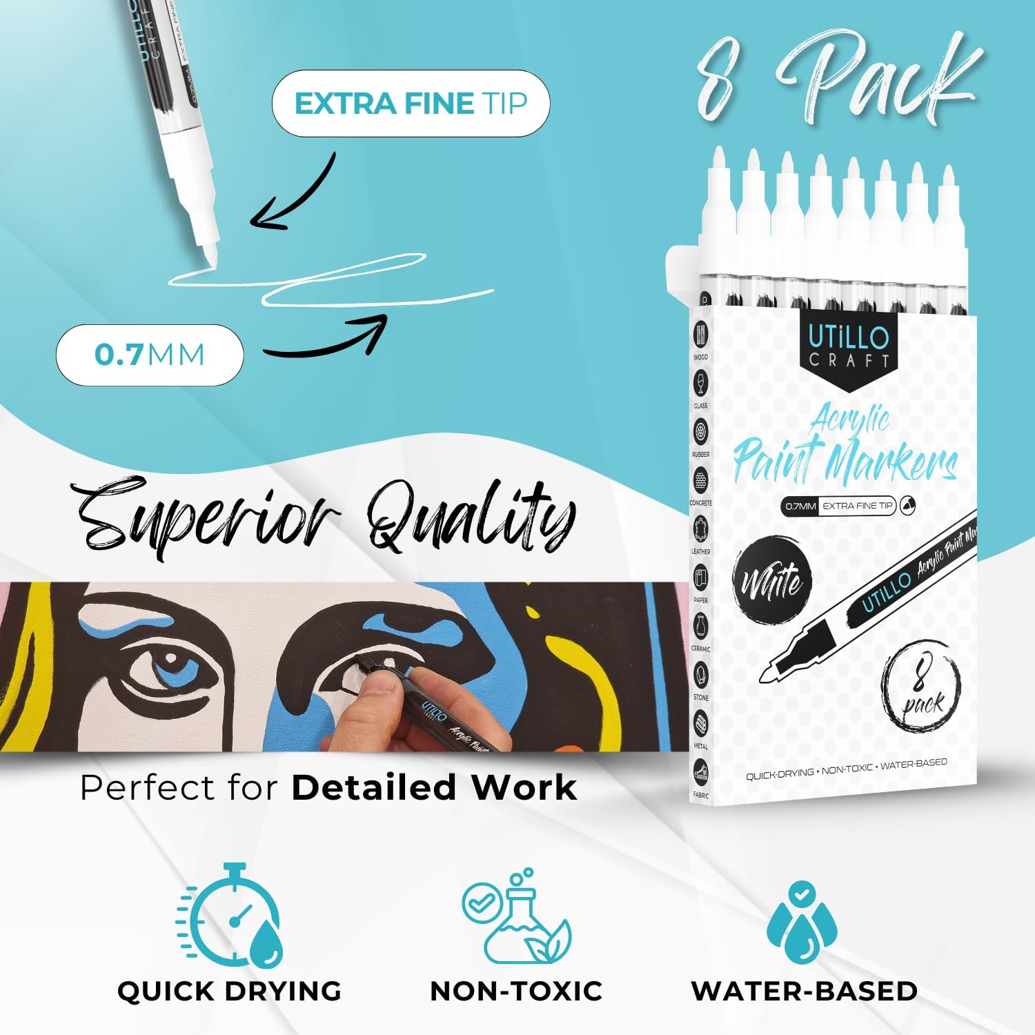 Thumbnail 1 de Utillo Craft White Paint Pen (8-Pack) Extra Fine 0.7mm – White Acrylic Markers