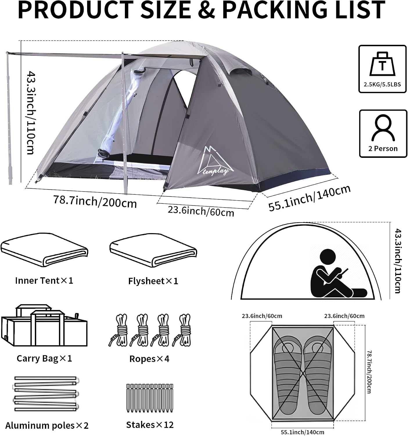 Detalle 2 de TENPLAY 2 Person Camping Tent 2.5 kg ⛺