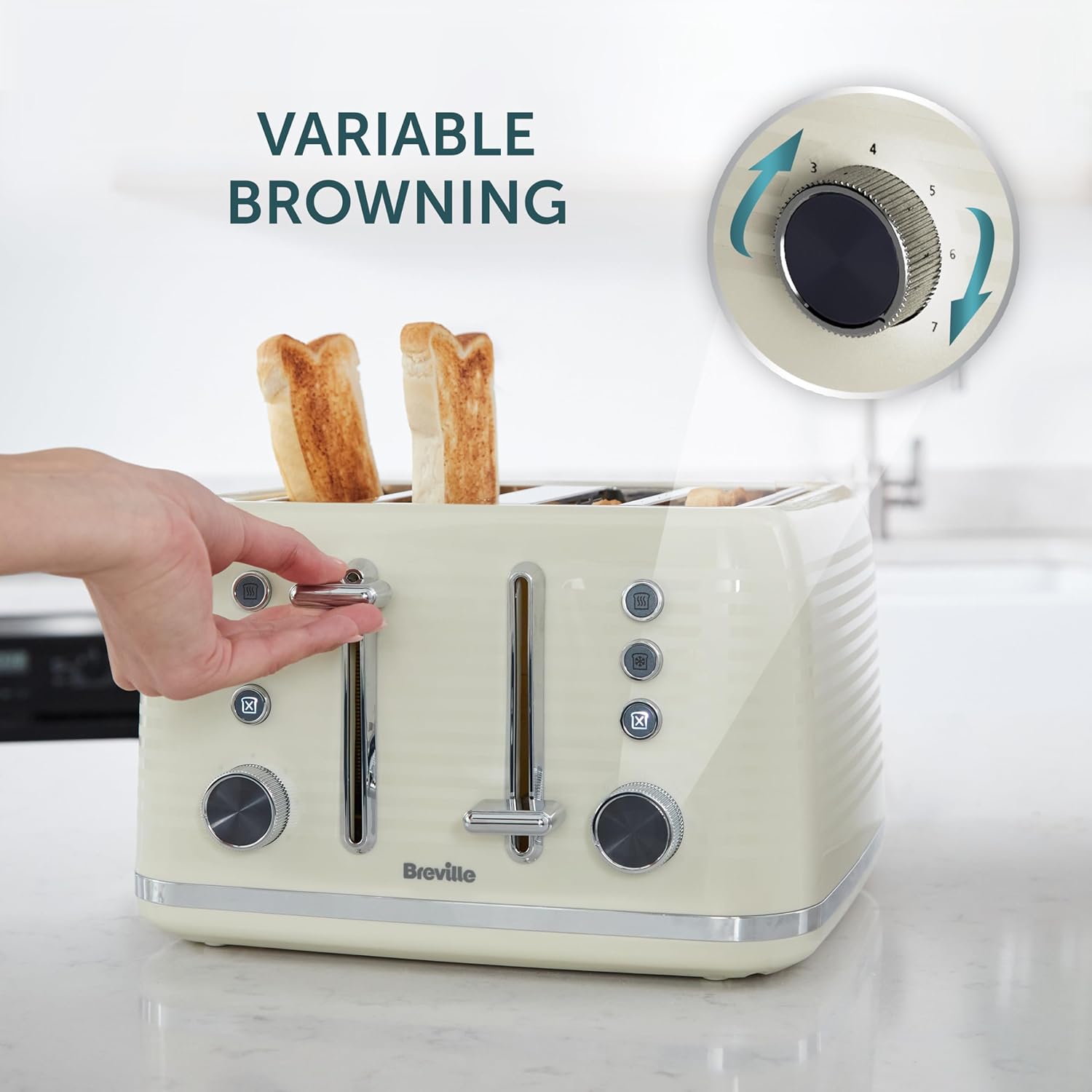 Detalle de Breville Zen 4 Slice Toaster with High Lift & Wide Slots (Cream & Silver Chrome) – VTR028