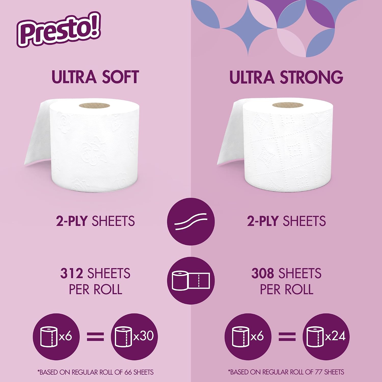 Detalle de Amazon Brand - Presto! FSC Certified 319 Sheet Roll Toilet Paper, Ultra 3-Ply, Unscented (Pack of 4, 24 Mega Rolls)