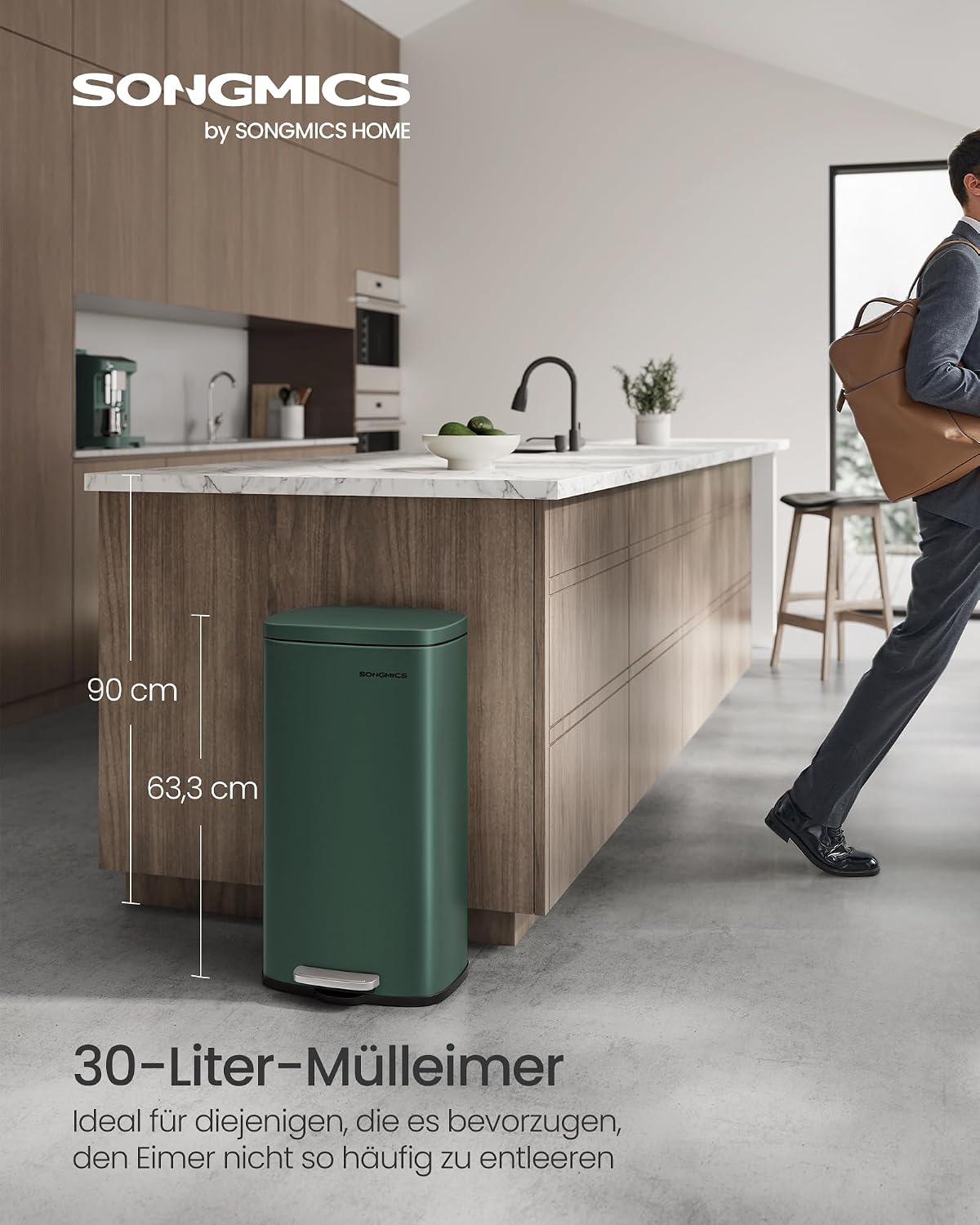Thumbnail 1 de SONGMICS Mülleimer Küche 30 Liter – Treteimer mit Deckel, Softclose, Stahl, Inneneimer, Vintagegrün (LTB003C02)