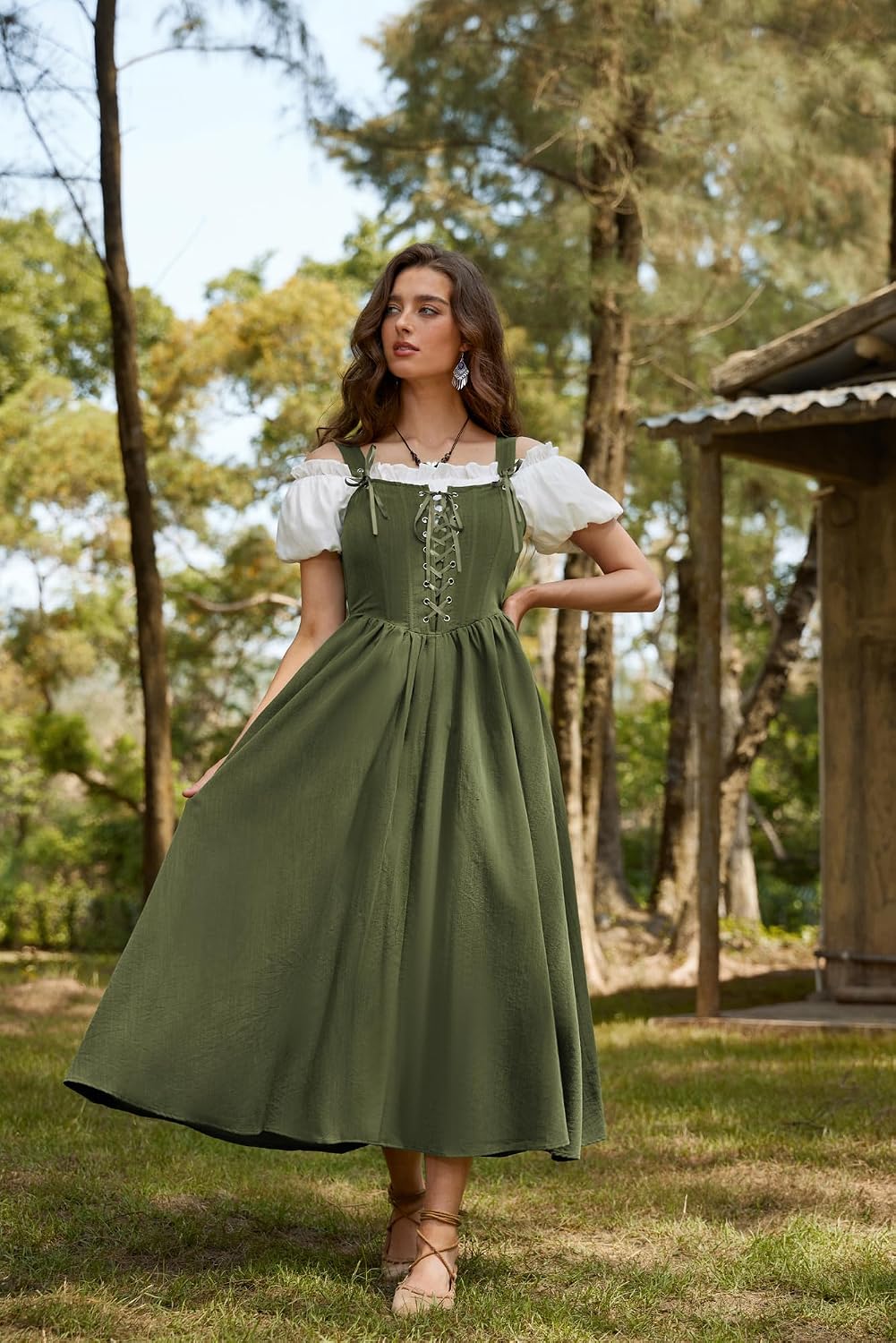 Detalle de SCARLET DARKNESS Damen Renaissance Korsett Kleid – Ärmellos mit Schnürung, Mittelalter-Gothic Maxi-Kleid