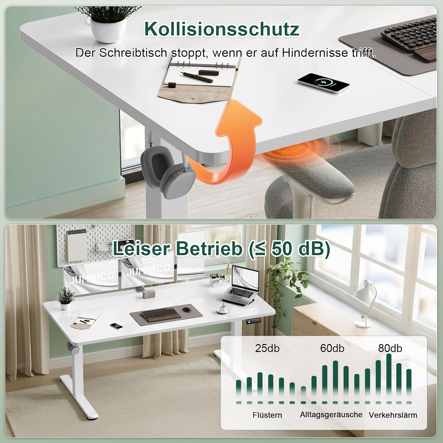 Detalle de JUMMICO Höhenverstellbarer Schreibtisch 100 × 60 cm – Elektrisch, mit Memory-Funktion, Weiß