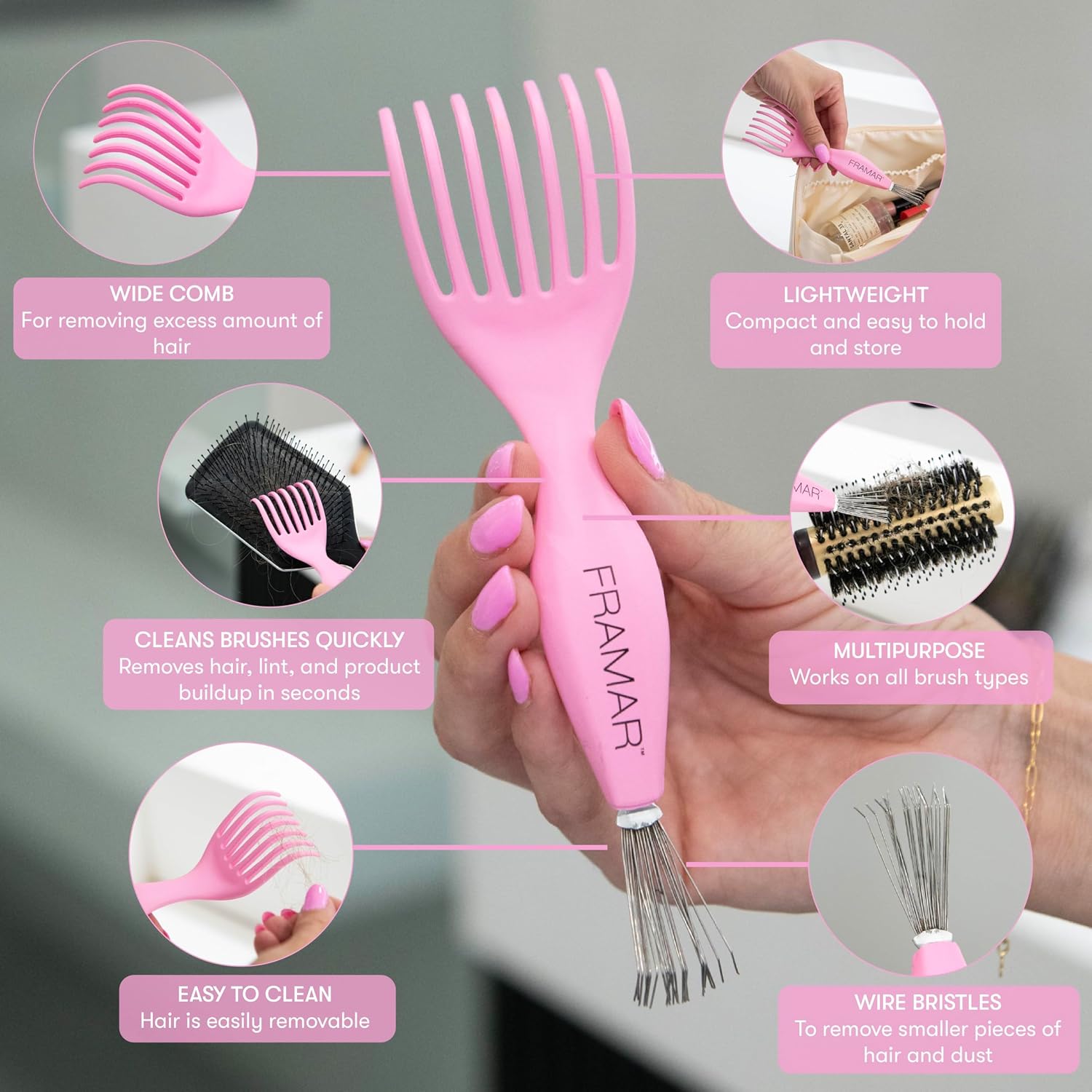 Detalle de FRAMAR Premium Hair Brush Cleaner Tool, Pink, Dual-Edge Design