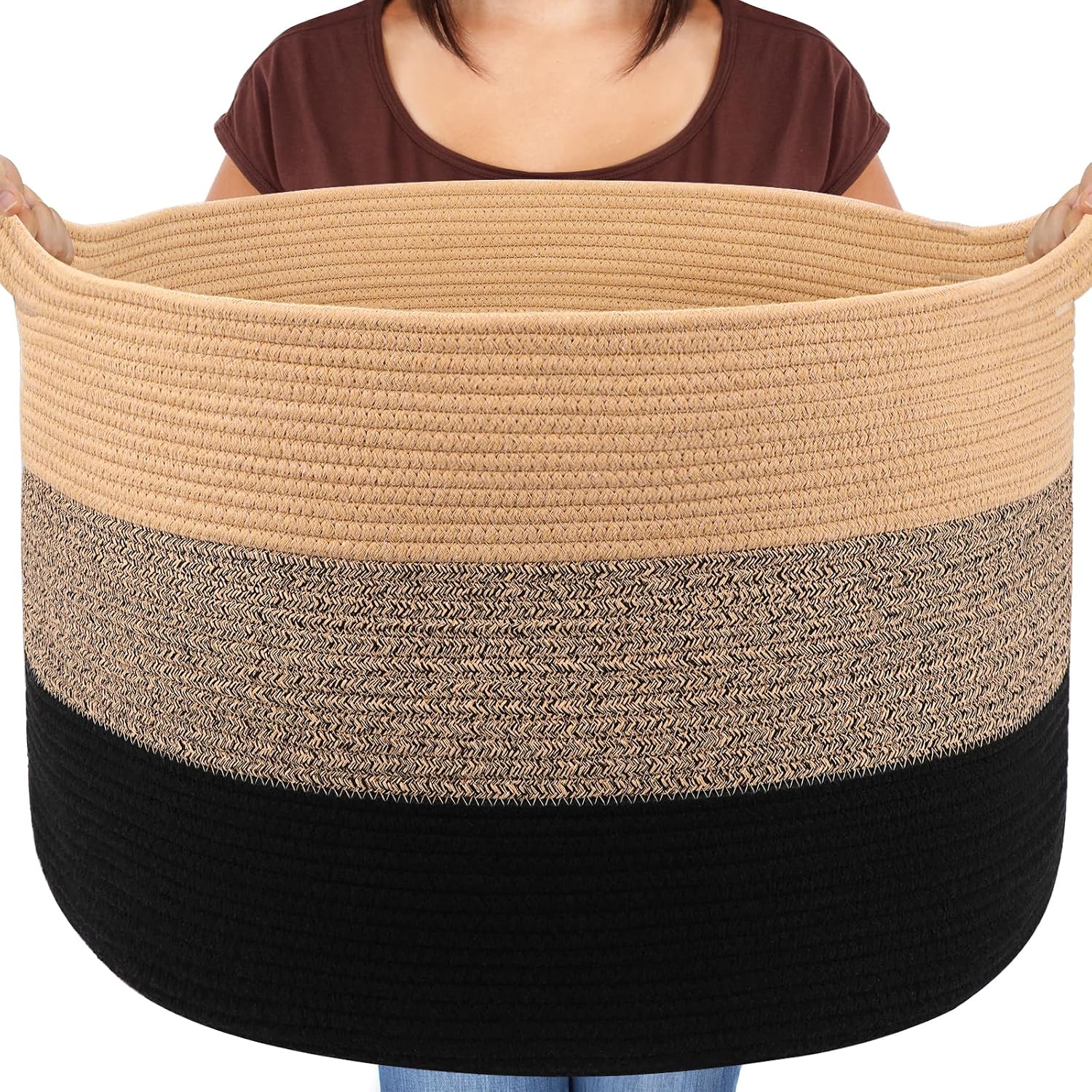Thumbnail 2 de Maliton Laundry Basket (Large, 55x35cm, 68L) Foldable Rope Woven Hamper in White & Grey