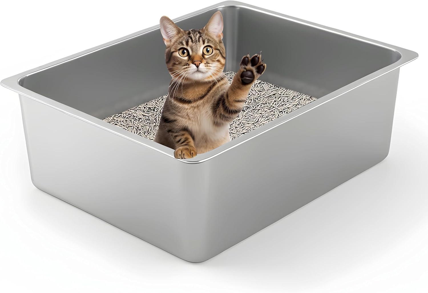 Detalle de Kirecoo Large High-Sided Stainless Steel Cat Litter Box, Open Top