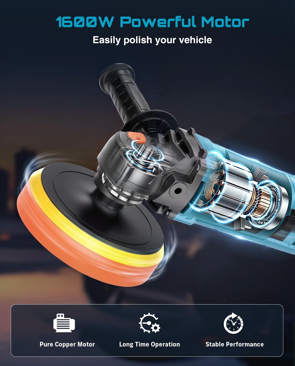 Detalle de SEESII TS512 Rotary Car Buffer Polisher, 1600W, 7 Speeds, 6/7-Inch Pads