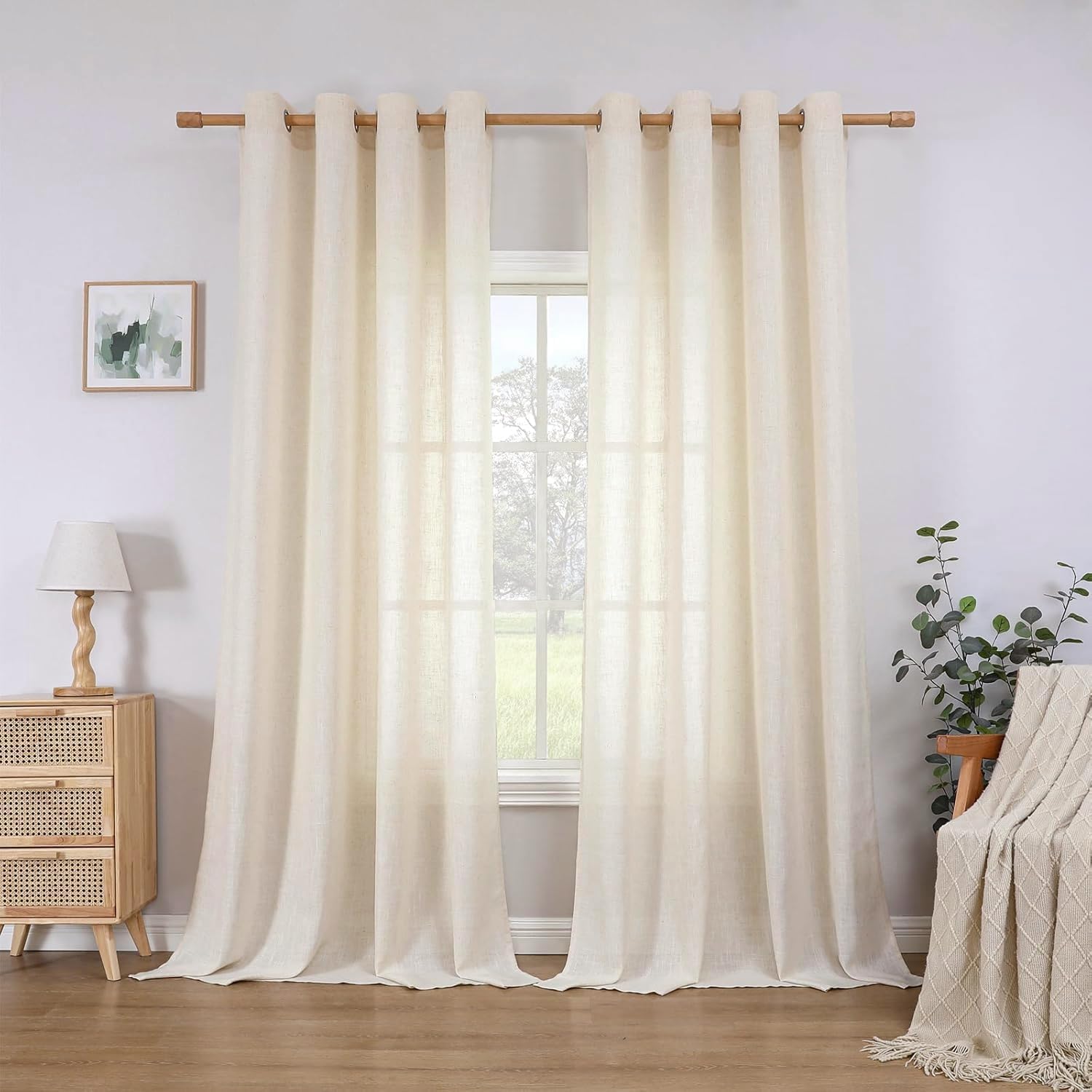 Detalle de CUCRAF Linen Curtains Eyelet Sheer Net Voile – 2 Panels, 55" W x 96" H, Natural