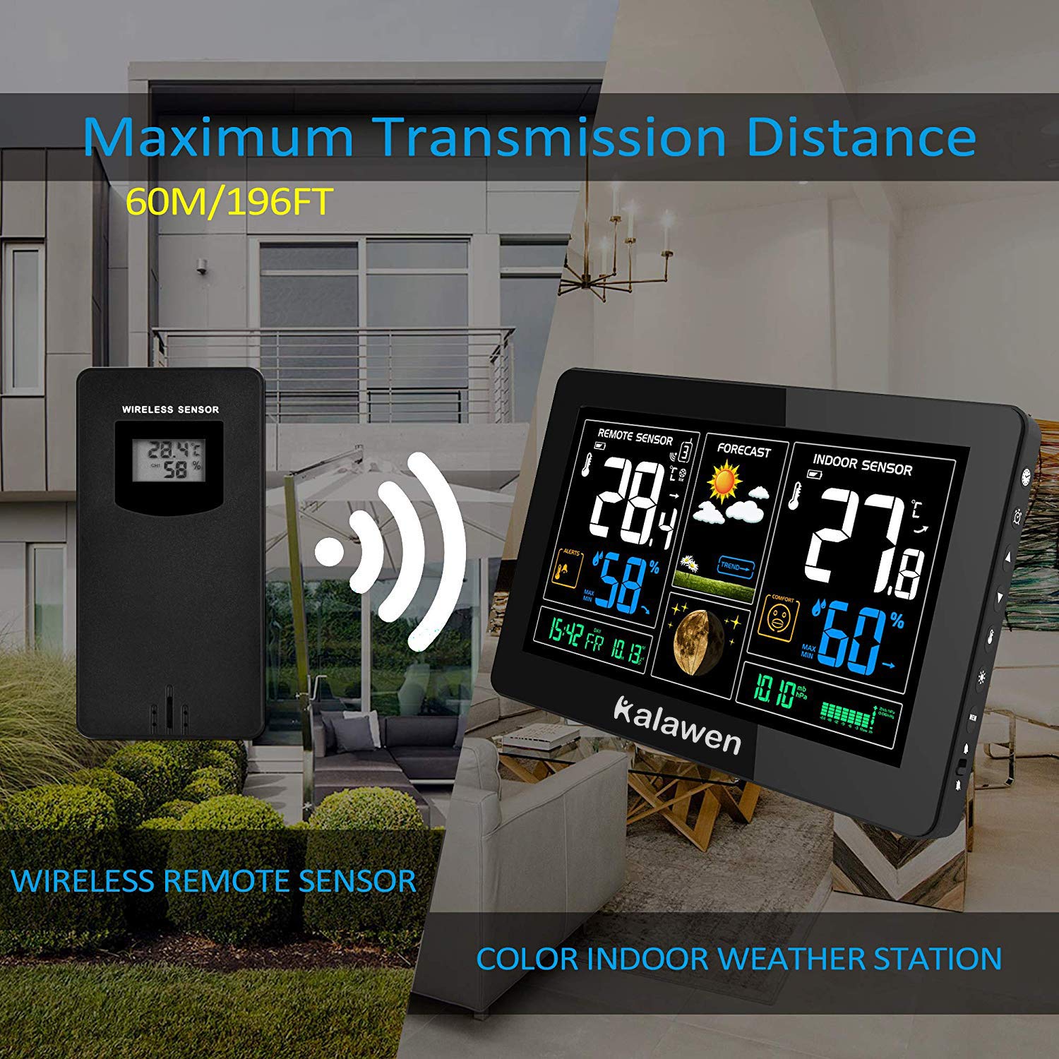 Thumbnail 3 de Kalawen Wetterstation 9-in-1 mit Außensensor: Funk, Barometer, Uhr, Alarm und mehr