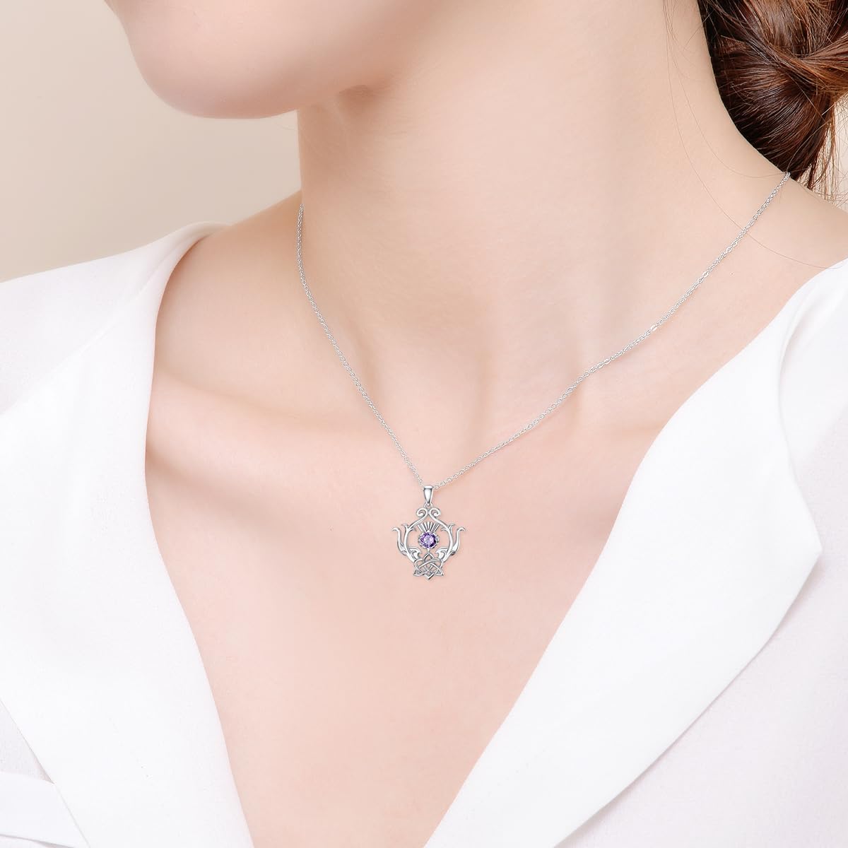 Thumbnail 1 de YAFEINI Scottish Thistle Necklace for Women in Sterling Silver with Amethyst