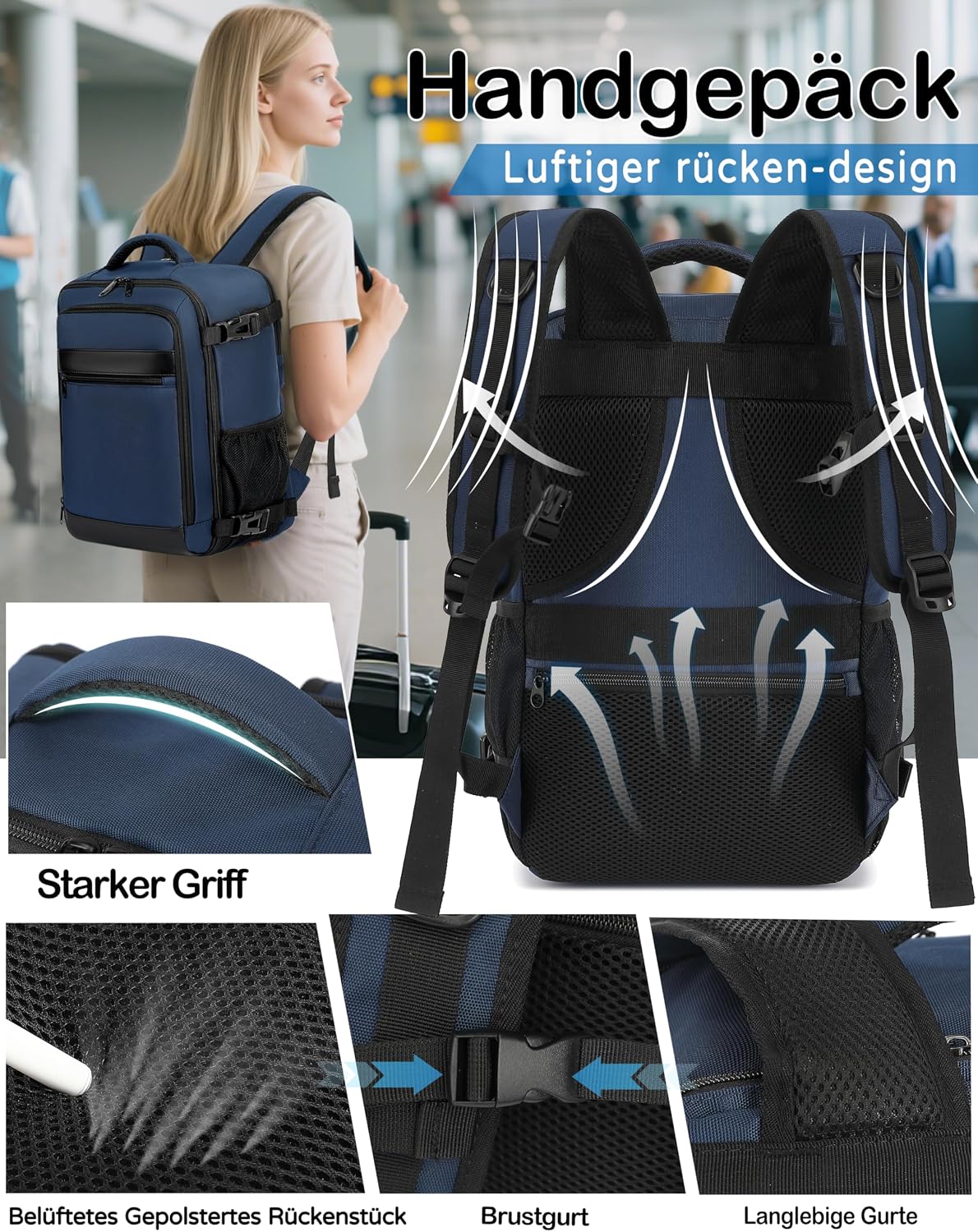 Thumbnail 4 de KLOSTAIN Handgepäck-Rucksack 40 x 20 x 25 cm (20 l) für Ryanair & Co. – Tiefblau