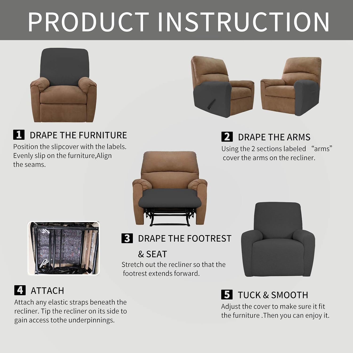 Thumbnail 6 de Easy-Going Recliner Stretch Sofa Slipcover (4-Piece) in Dark Gray, Spandex Jacquard Small Checks