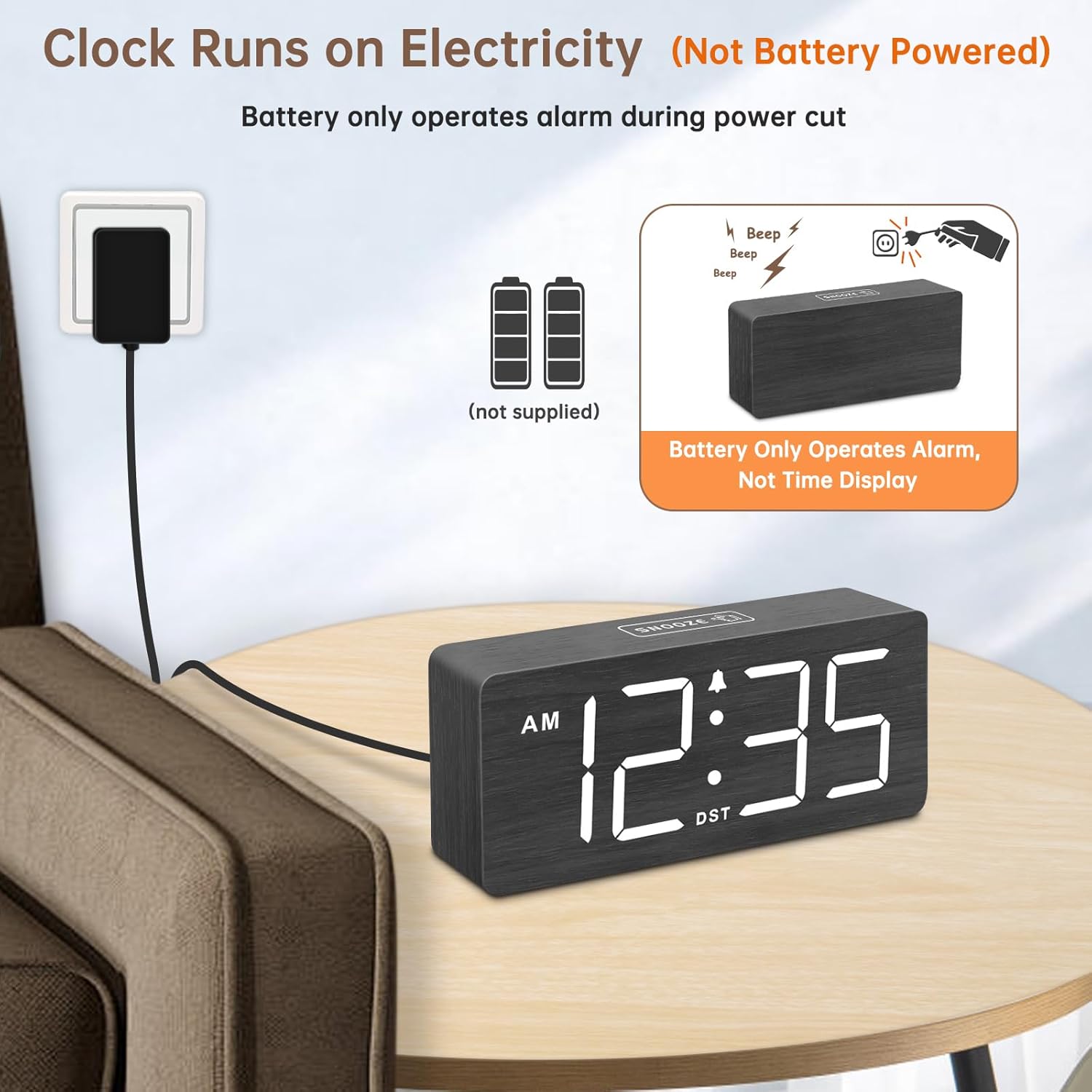 Detalle 2 de DreamSky Wooden Digital Alarm Clock with Large Numbers, Dimmer and Adjustable Alarm