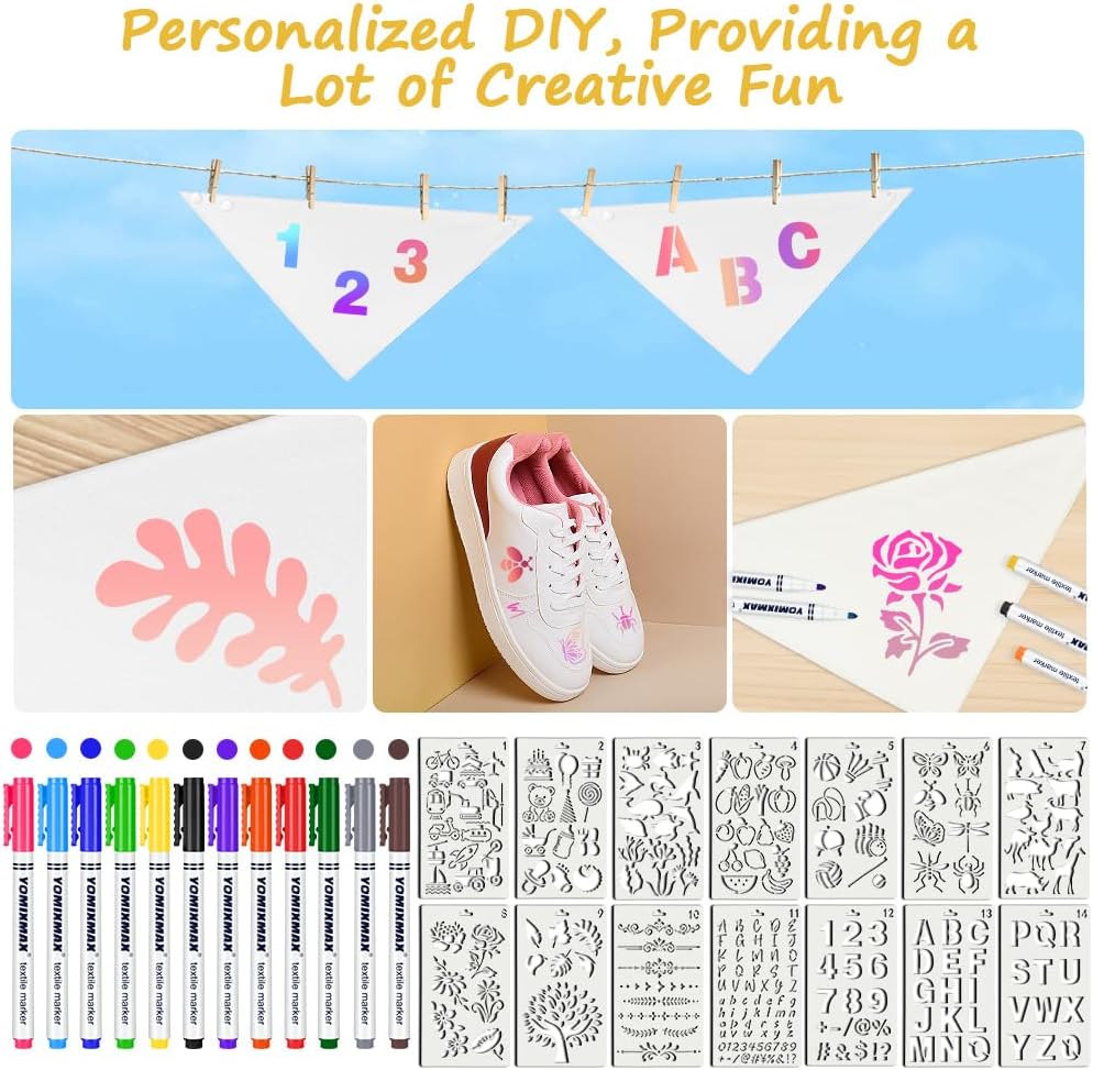 Thumbnail 4 de Vicloon Bambino Bavaglino bianco con kit da pittura fai da te (29×30×12 pz, 12 penne e 14 stencil)