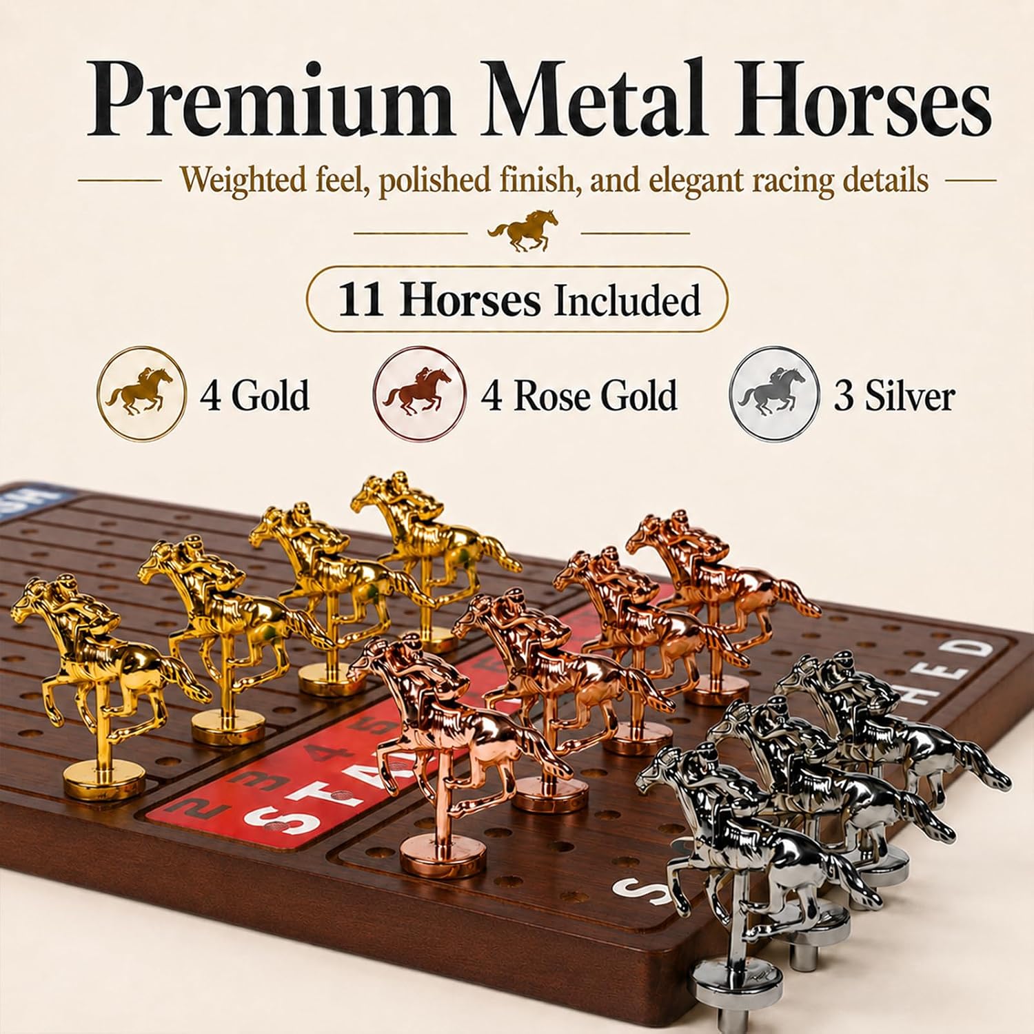 Detalle 2 de Jyquorp Metal Horse Race Board Game – Walnut, Thick Solid Wood Racing Set with 11 Metal Horses