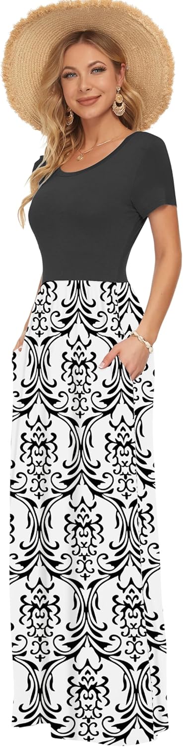Detalle de AUSELILY Damen Maxi-Kleid mit Taschen – Kurzarm, elastische Taille, weiß möglich (Sommer/Strand)