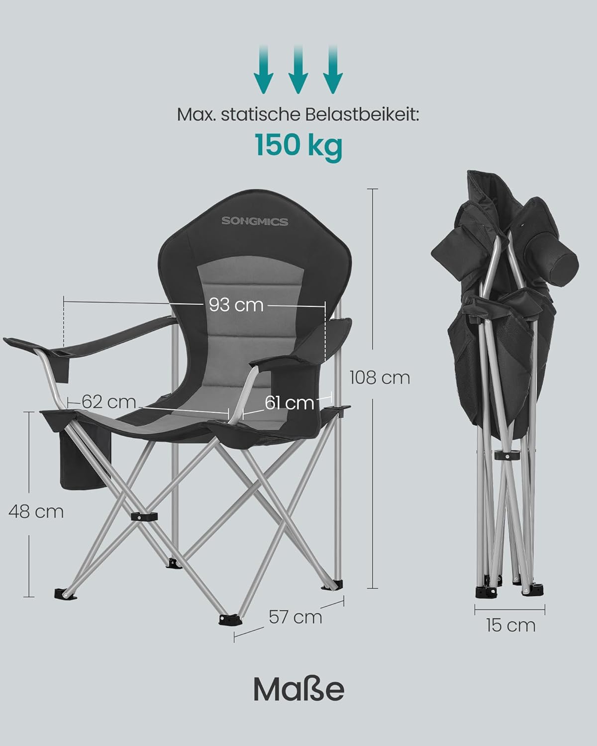 Detalle de SONGMICS Campingstuhl GCB005BH01 – klappbar, breiter Sitz, hohe Rückenlehne, inkl. Getränkehalter und Handyhalter