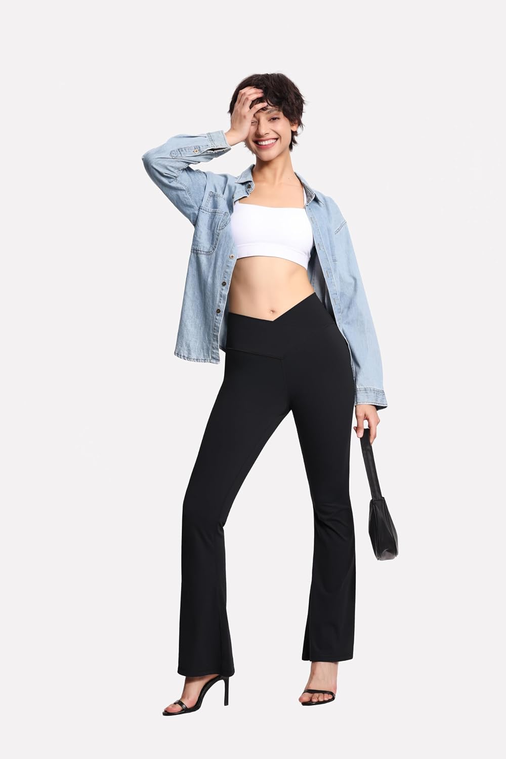 Detalle 2 de THE GYM PEOPLE Women's Crossover High Waist Flare Leggings, 4-Way Stretch
