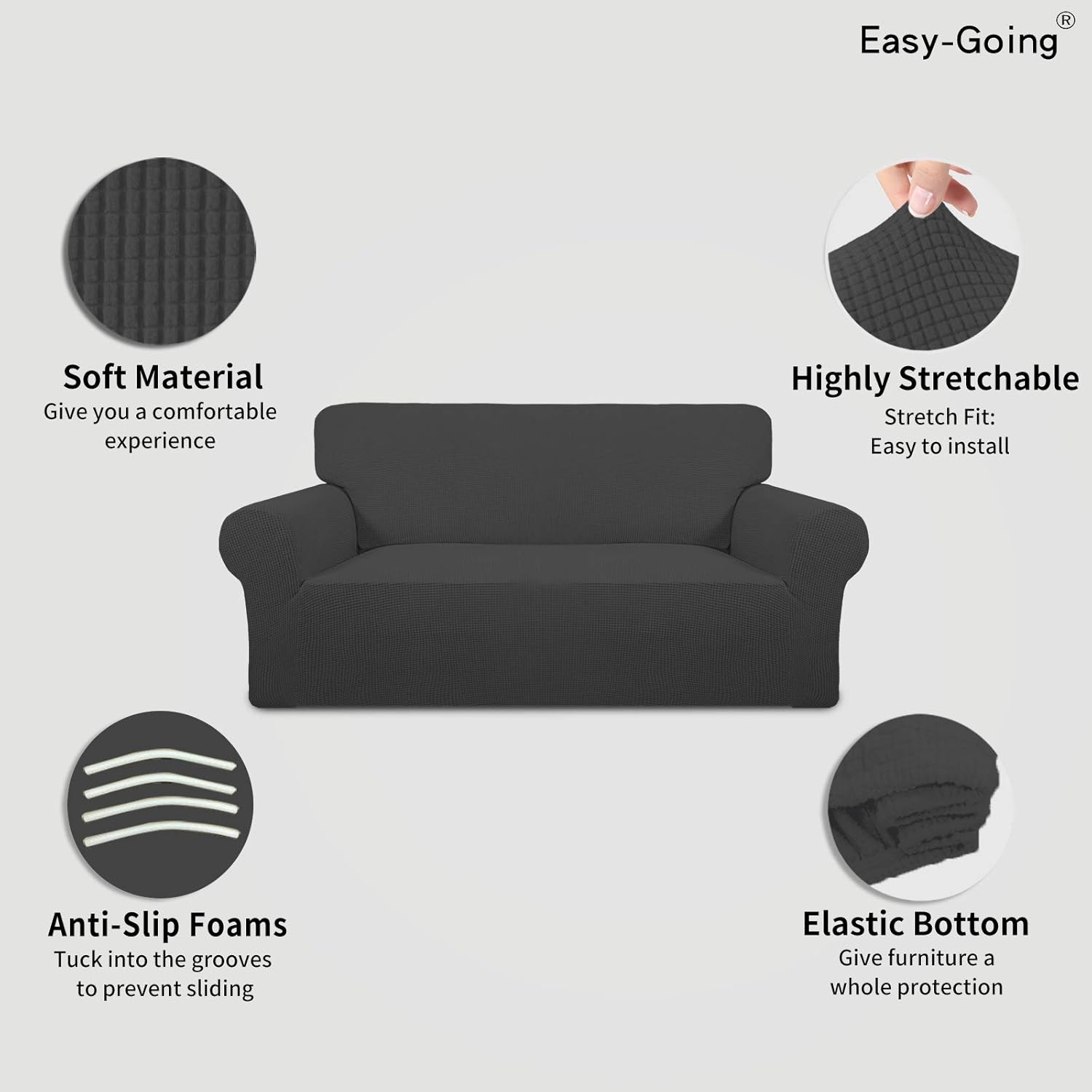 Thumbnail 2 de Easy-Going Stretch Loveseat Slipcover (1-Piece) Dark Gray, Soft Jacquard Fabric with Elastic Bottom