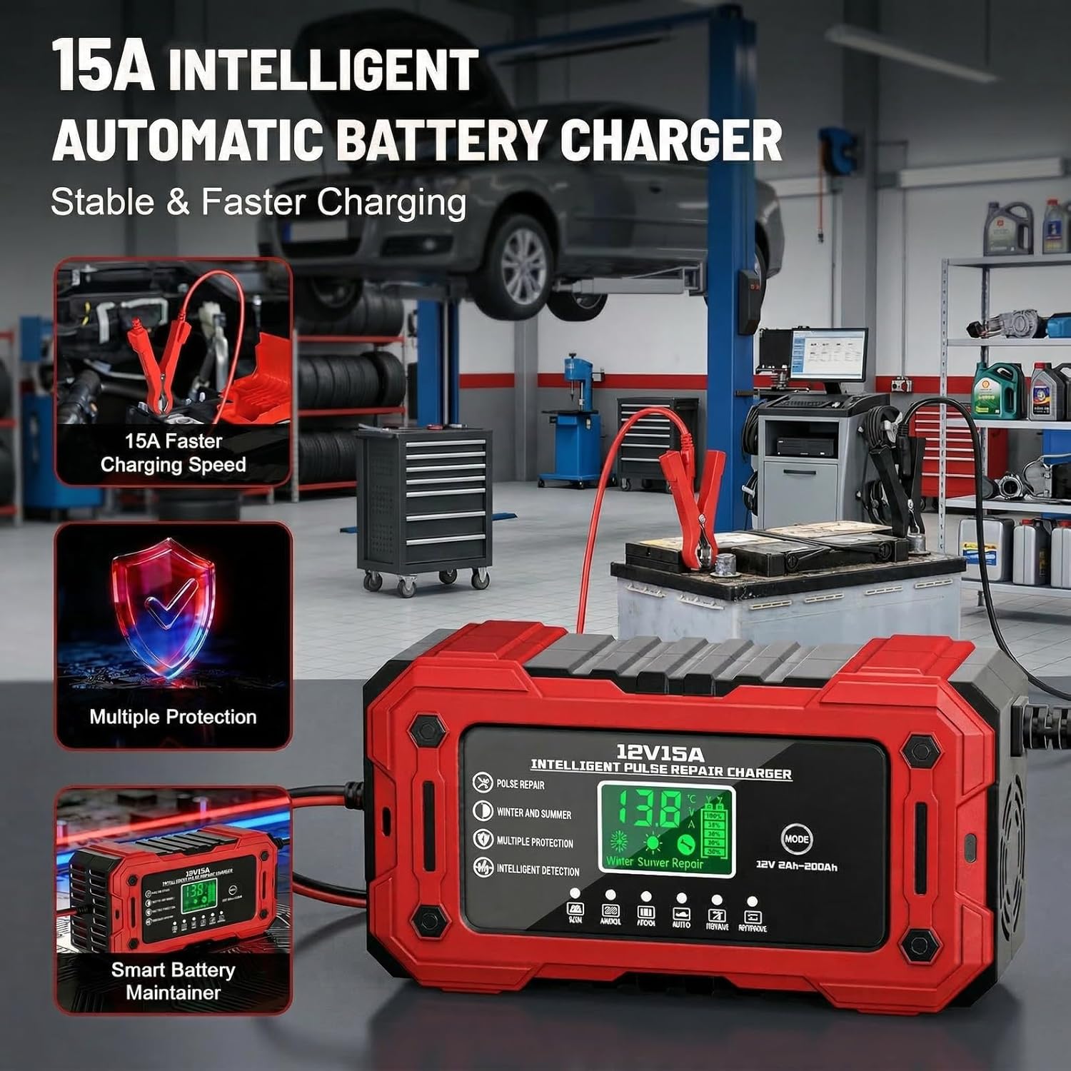 Thumbnail 1 de YDBAO Battery Charger 15A 12V – Fully Automatic Smart Trickle Charger with LCD Display and Temperature Compensation