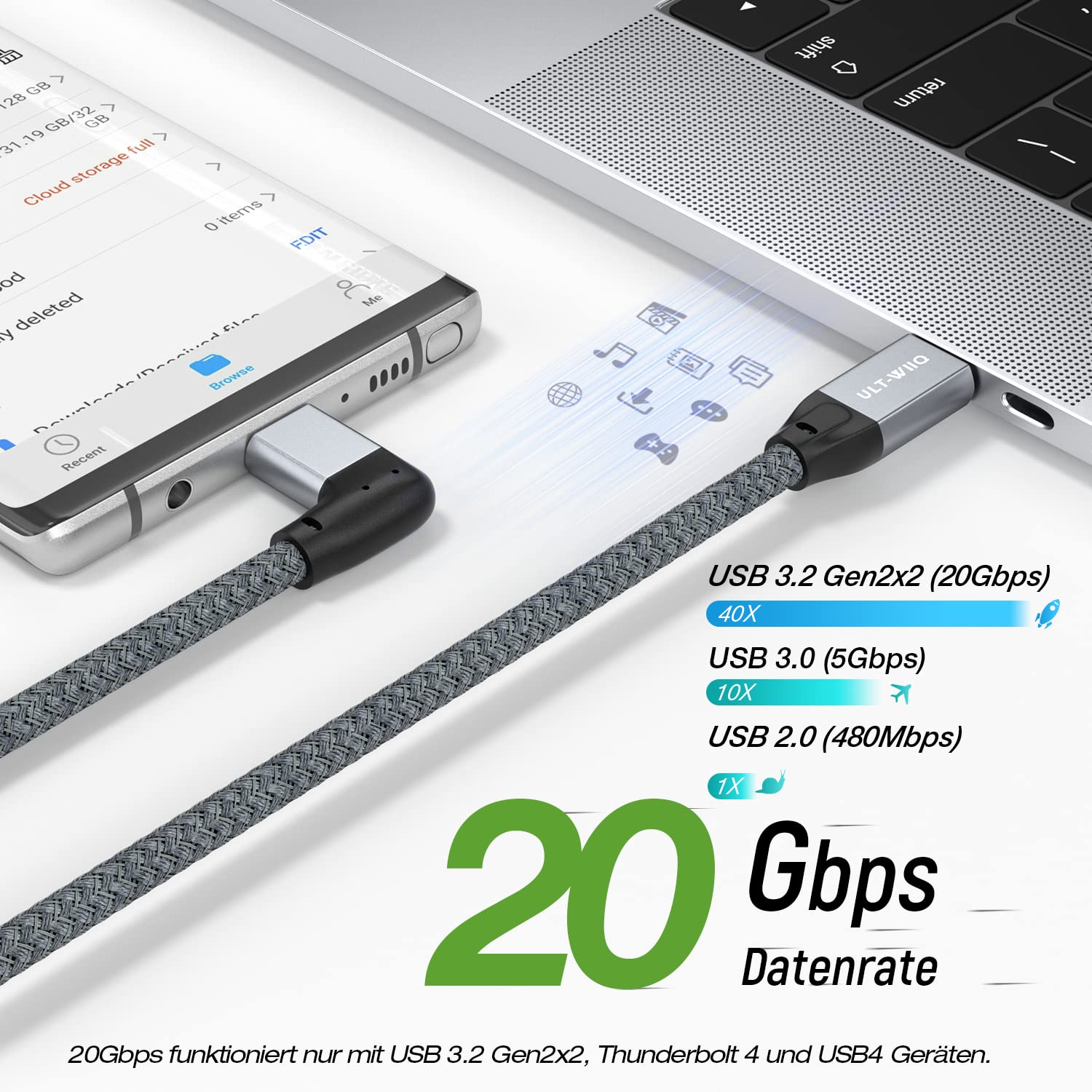 Detalle de 90° USB-C Kabel, USB-C 3.2 Gen2×2, 20 Gbps, 240 W PD PPS AVS, 2 m – 90° Ladekabel mit 4K/2K Videoübertragung