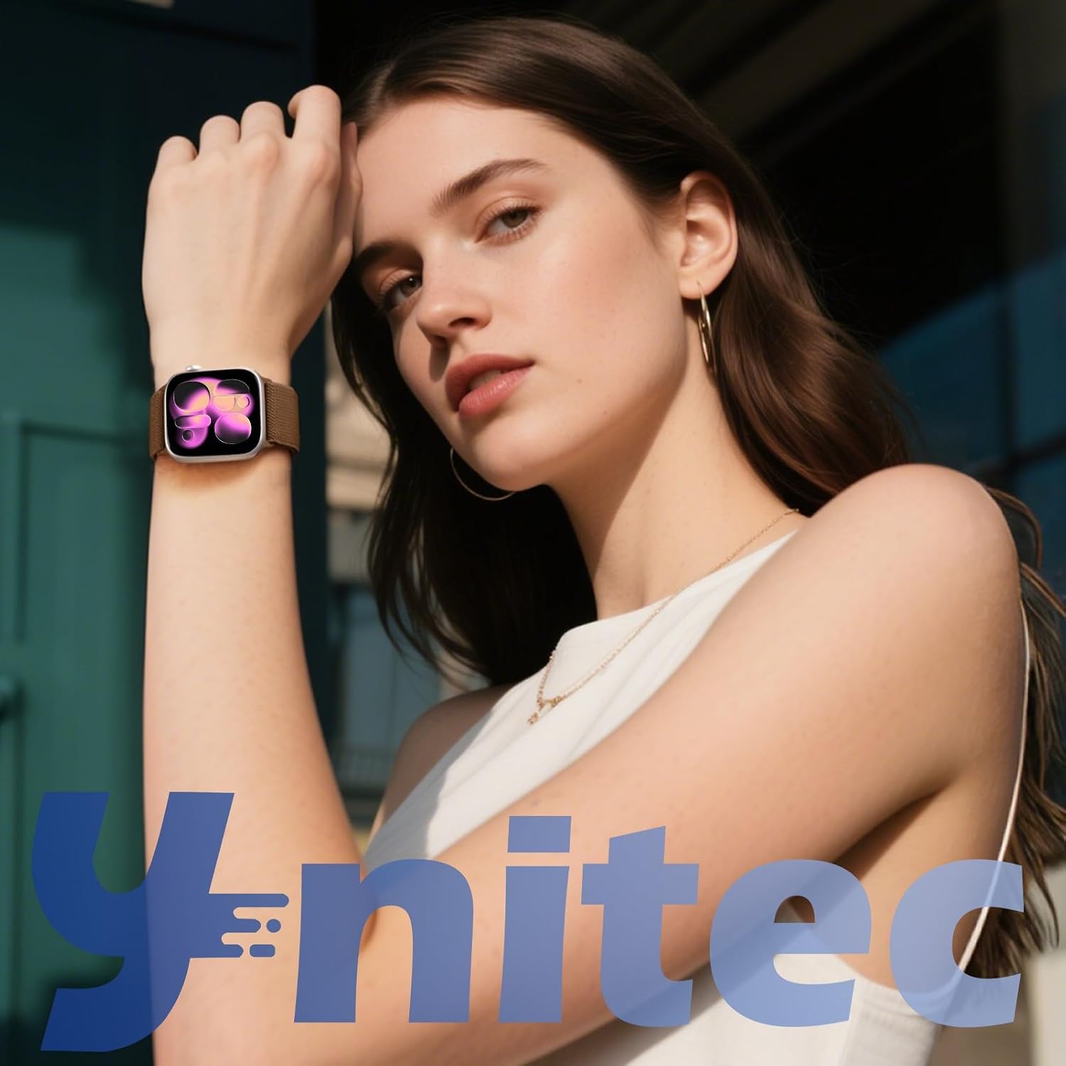 Detalle de Ynitec Stretchy Straps for Apple Watch – Elastic Nylon Loop, 38–42mm, for Series 11 to Ultra, Brown