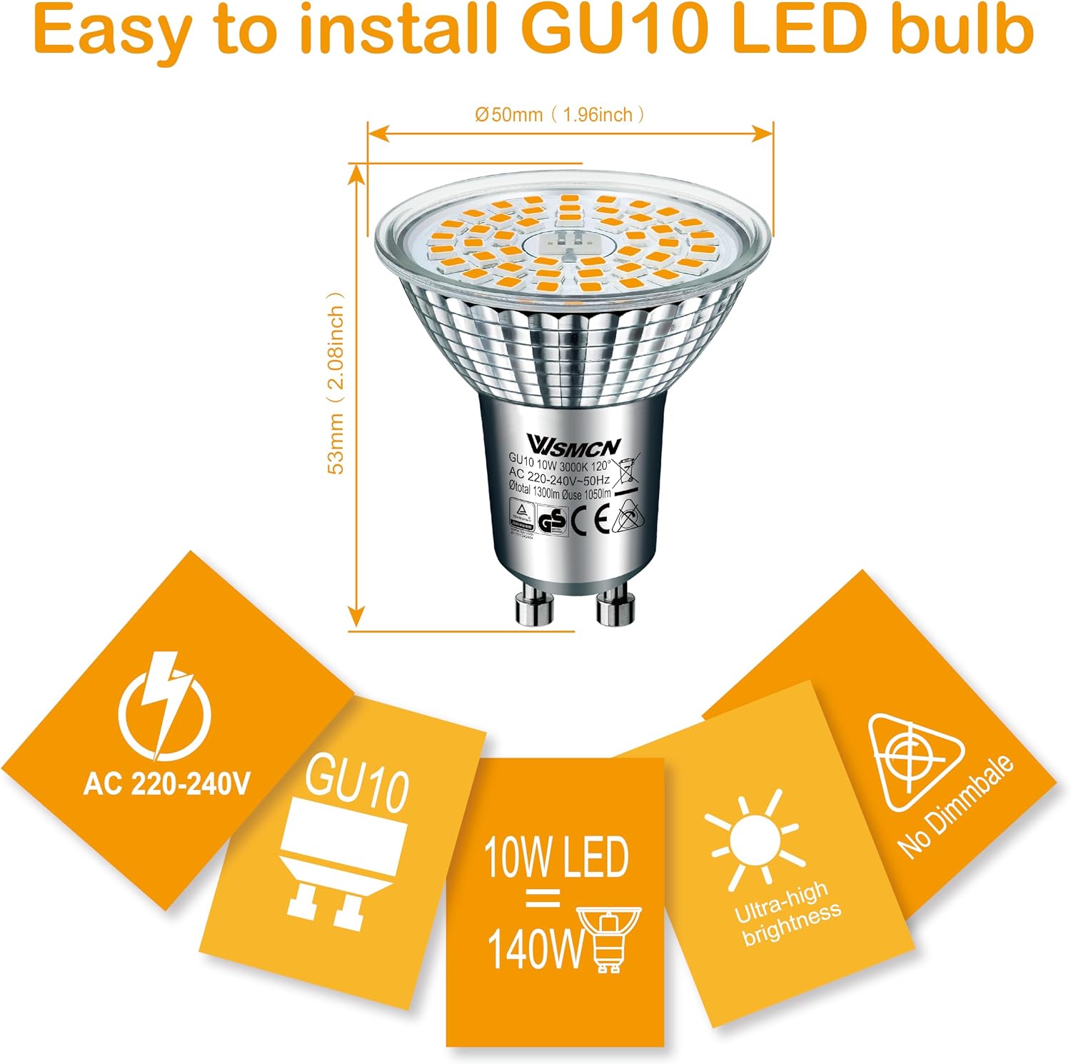 Detalle de WSMCN GU10 LED Warmweiß Lampe 10W, 4er-Pack – 1050 lm, 3000K, Nicht Dimmbar