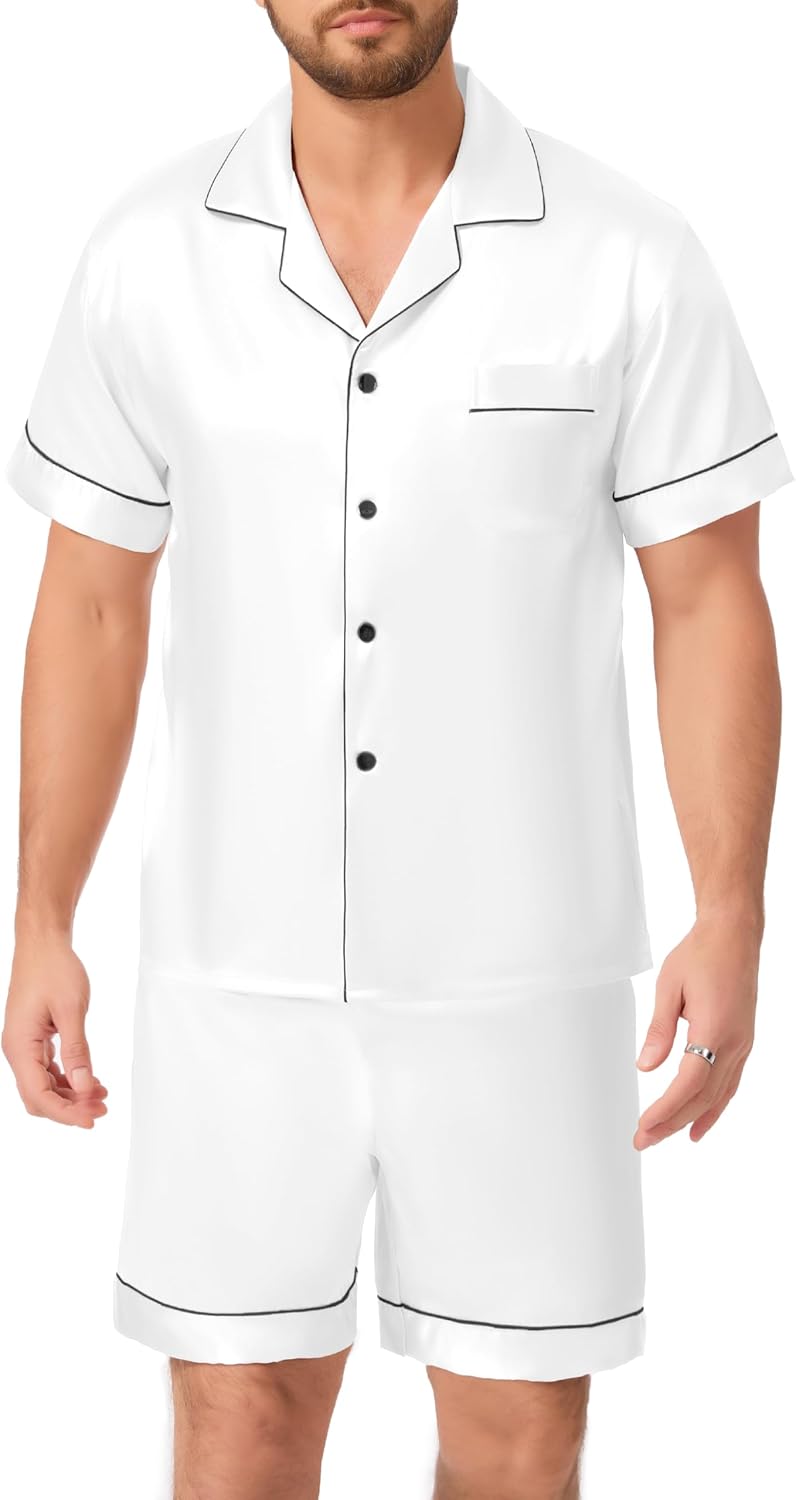 Pyjama satin homme court Lovasy : ensemble deux pièces chemise boutonnée et short respirant