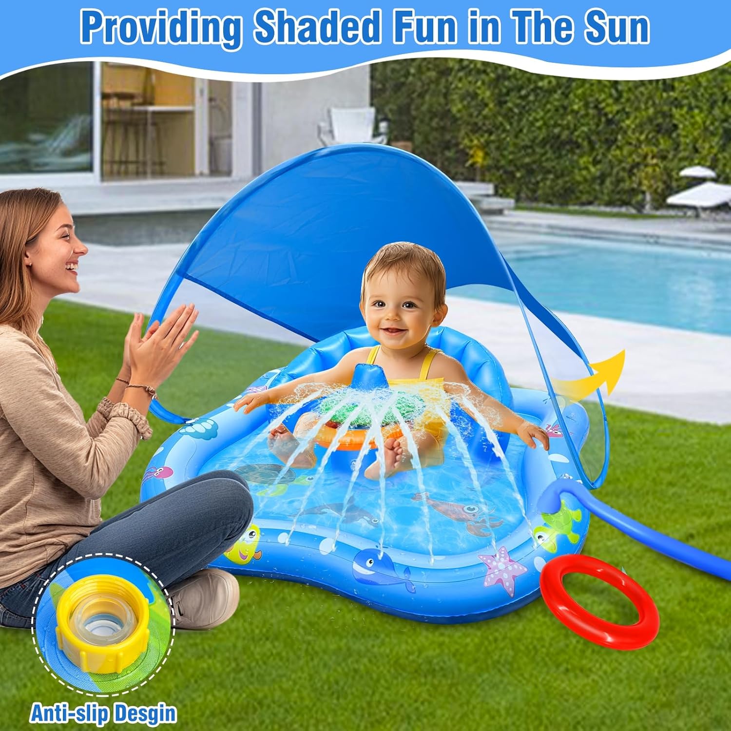 Thumbnail 6 de iGeeKid Baby Play Mat with Sprinkler (Inflatable Pool Float with Canopy & Stackable Rings)