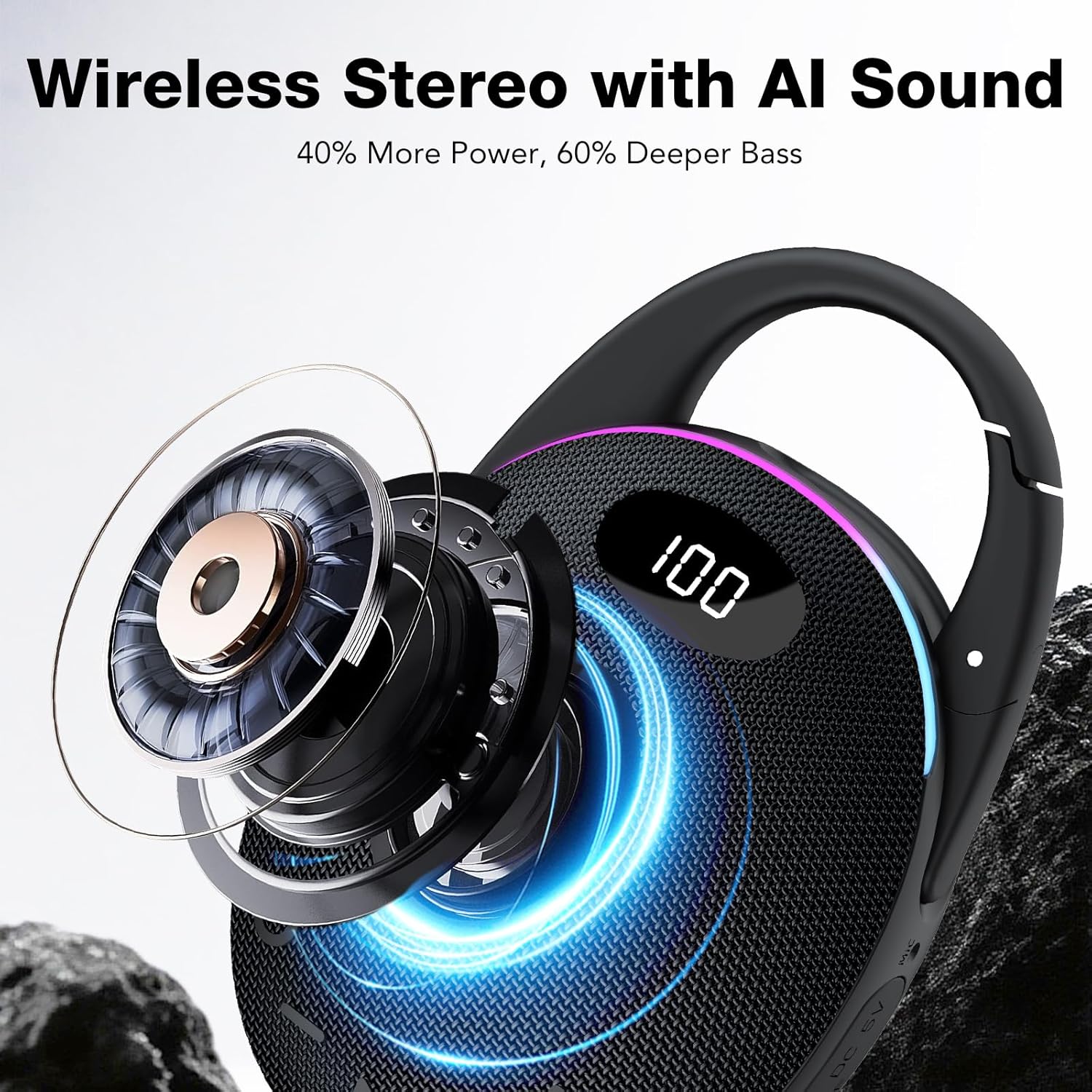 Detalle de Enceinte Bluetooth Ultra-Portable avec Écran LED et Mousqueton — 30W, IP68, RGB, 25H d’autonomie