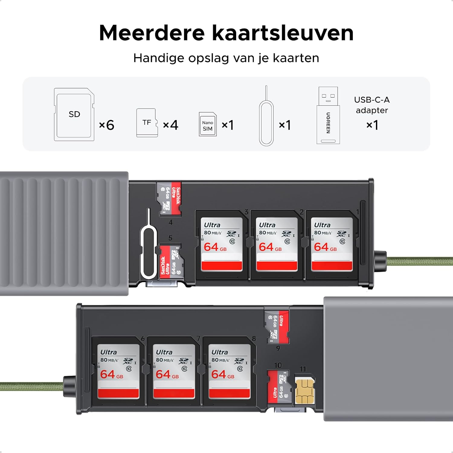 Thumbnail 2 de UGREEN USB-A- en USB-C-kaartlezer met opbergbox voor SD- en microSD-kaarten