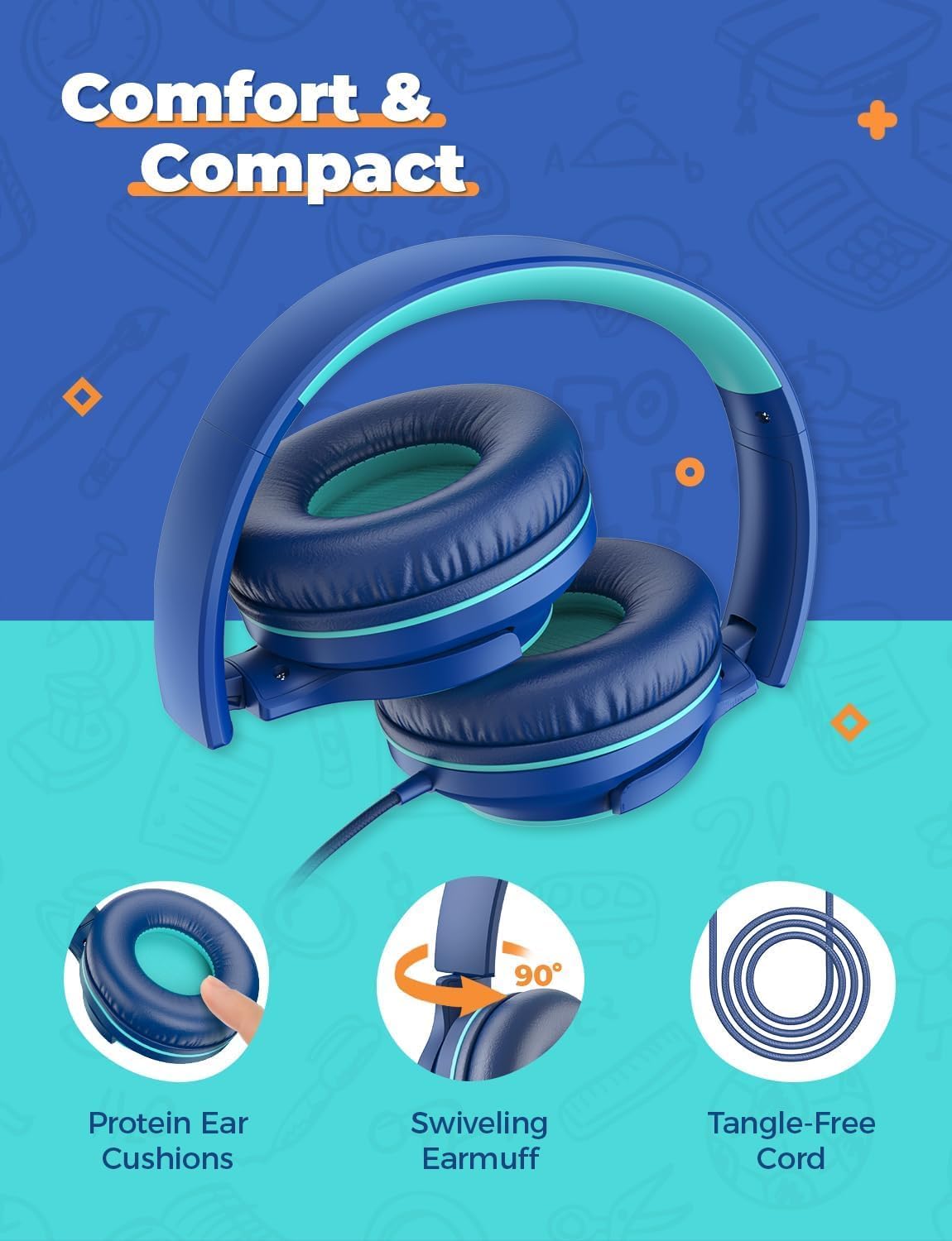 Thumbnail 4 de iClever 2 Pack Kids Headphones (85dBA Safe Volume) with 3.5mm Sharing Splitter – Wired, Foldable, Blue & Black