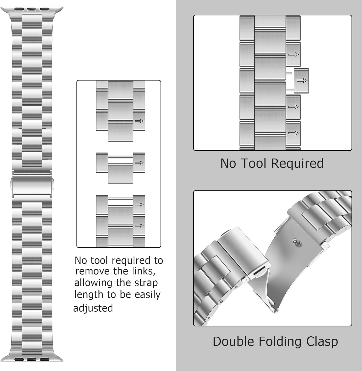 Detalle de Anlinser Metal Strap for Apple Watch Ultra/Series (49mm–42mm) – Silver, 192mm Length, Tool-free Adjustment