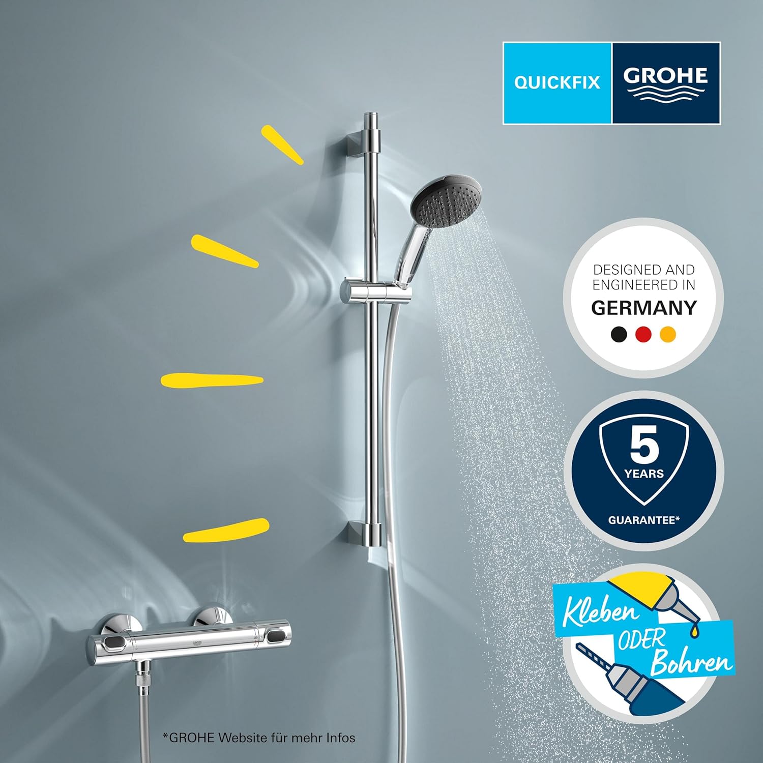 Detalle de GROHE Precision Flow Duschset mit Thermostat – wassersparend, 8 l/min, Chrom (34800001)