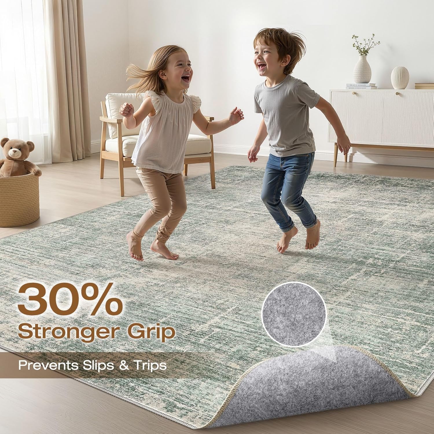 Detalle de 7x9 Area Rug Living Room: Washable Large Neutral Green Abstract Rug