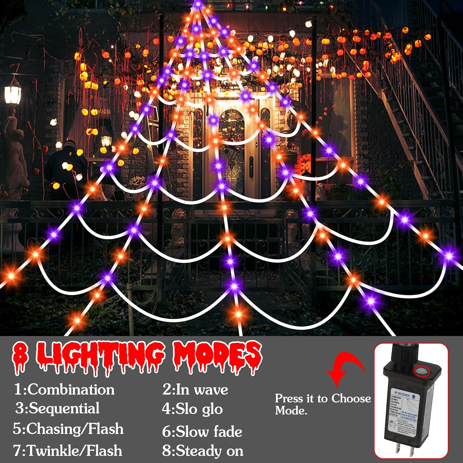 Thumbnail 4 de Aitbay Aitbay-148 Lighted Halloween Spider Web, 150 Purple & Orange LEDs