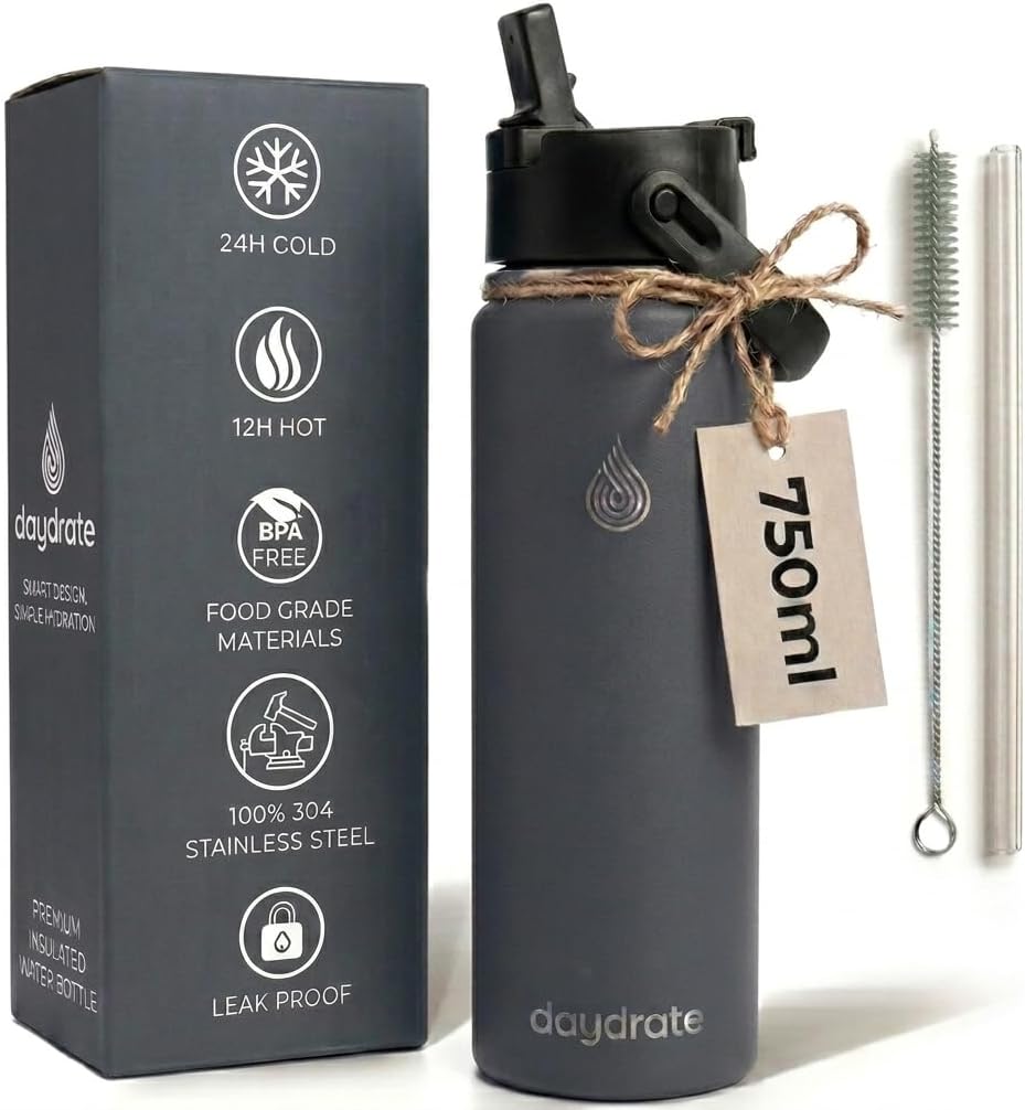 Detalle de Daydrate 750ml Insulated Stainless Steel Water Bottle with Dual Lid – Grey
