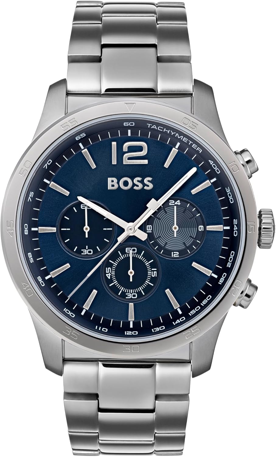 Detalle de BOSS Chronograph Quarz Uhr für Herren – 44 mm, Blaues Zifferblatt, Edelstahlarmband