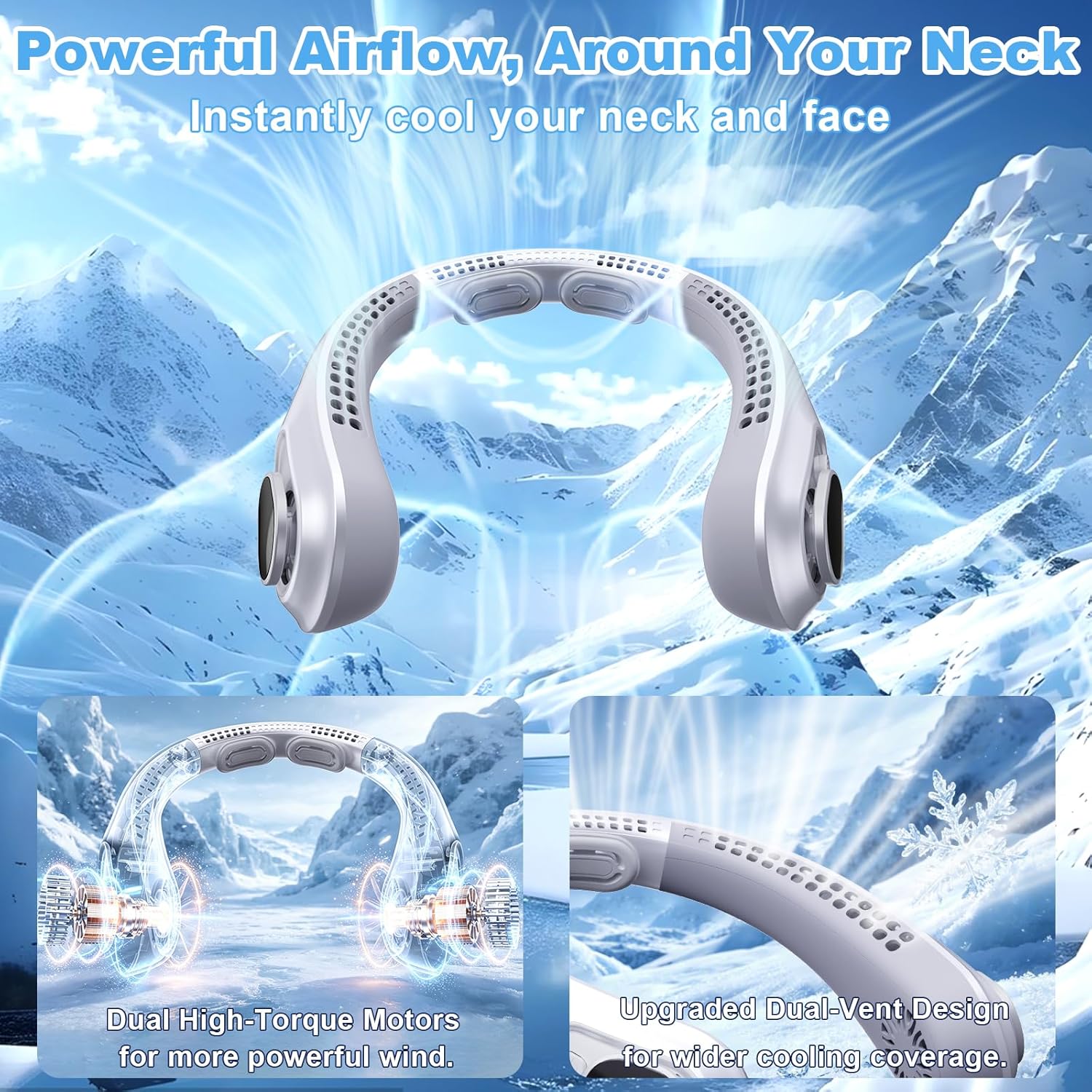 Thumbnail 2 de FYALLASO Portable Neck Fan Rechargeable with LED Display, 5 Speeds, 5000 mAh Bladeless Personal Cooler (Gray)