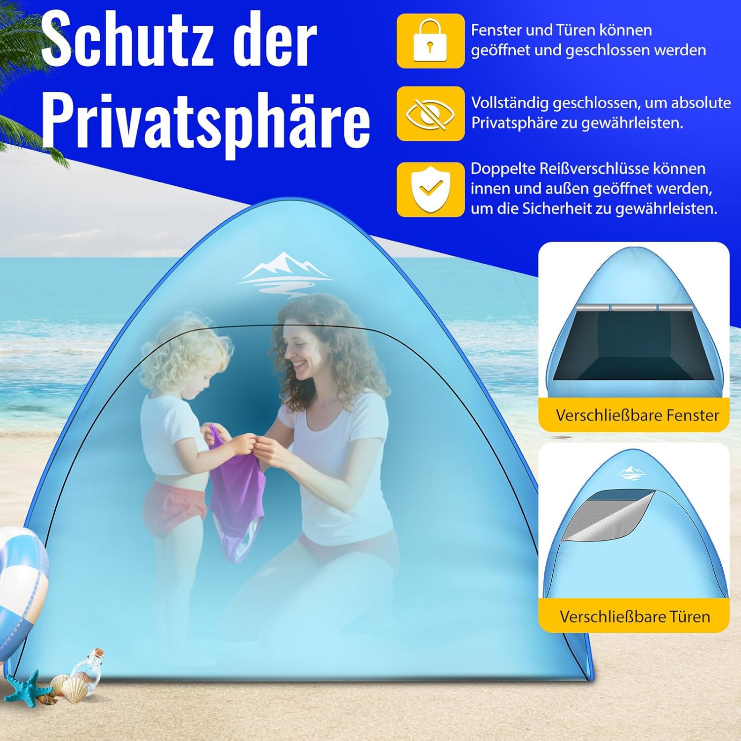 Thumbnail 2 de Strandmuschel Pop Up Strandzelt mit Reißverschlusstür (UV-Schutz 50+), für 1–3 Personen