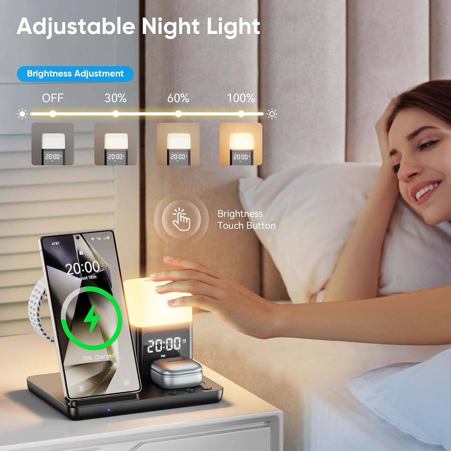 Detalle de Augnner 6-in-1 Upgraded Wireless Charging Station with Alarm Clock & 3-Colour Light (up to 15W) for Samsung devices