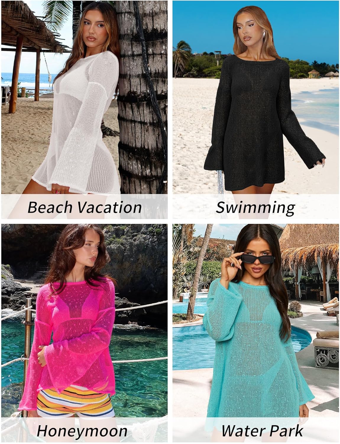 Detalle de Gleeneat Crochet Swimsuit Cover-Up for Women (Boat Neck, Sheer Crochet Caftan Dress)