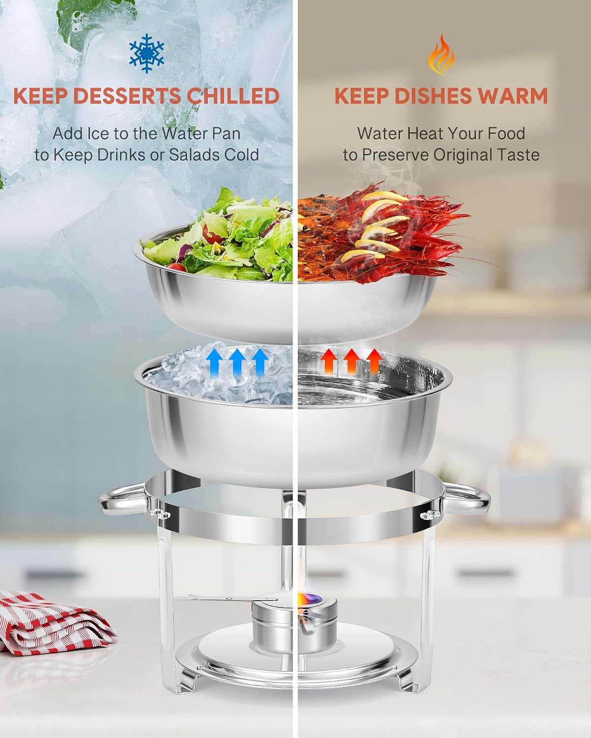 Thumbnail 3 de WILPREP Chafing Dish Buffet Set, 4 Pack 5.5L Round Chafers with Glass Lid & Lid Holder – Stainless Steel Food Warmers