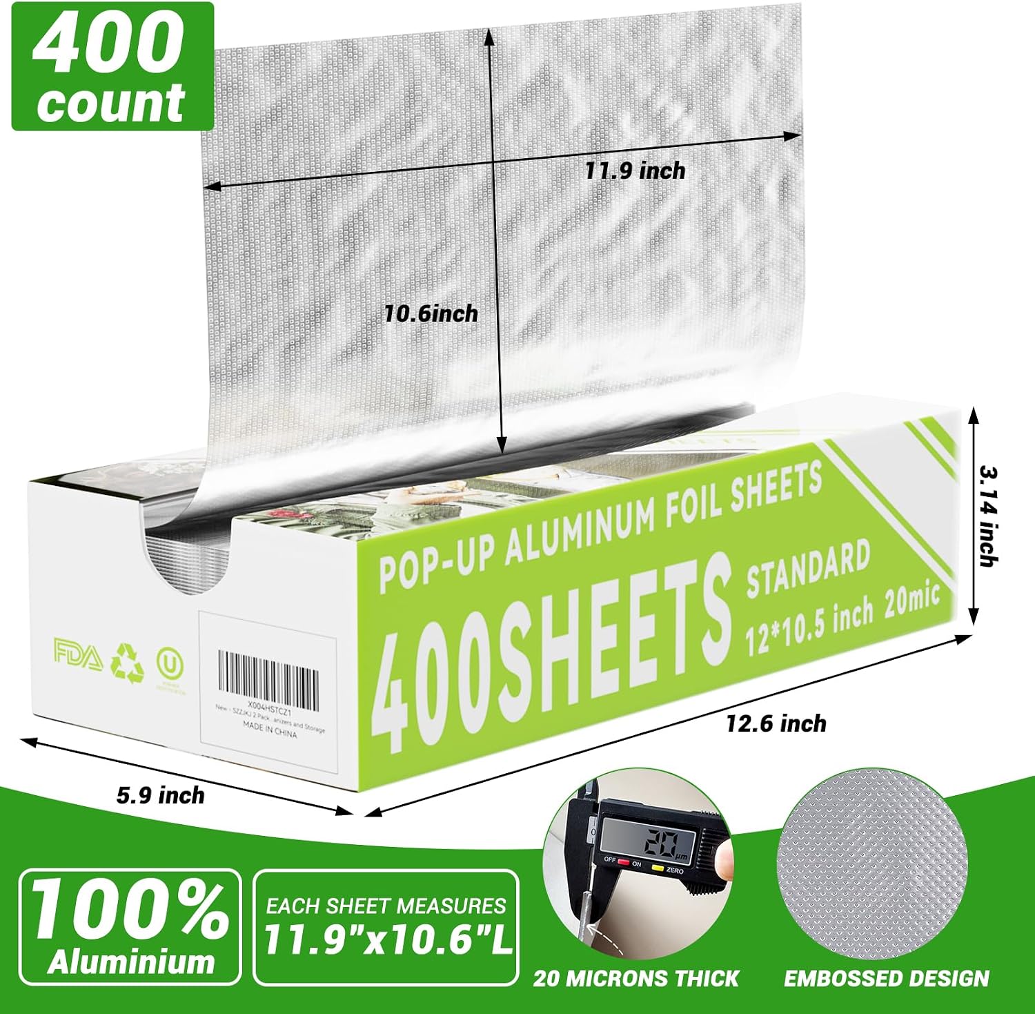 Detalle de Aluminum Foil Sheets, 400 Count, 12" x 10.5" Pre-Cut Pop-Up Dispenser