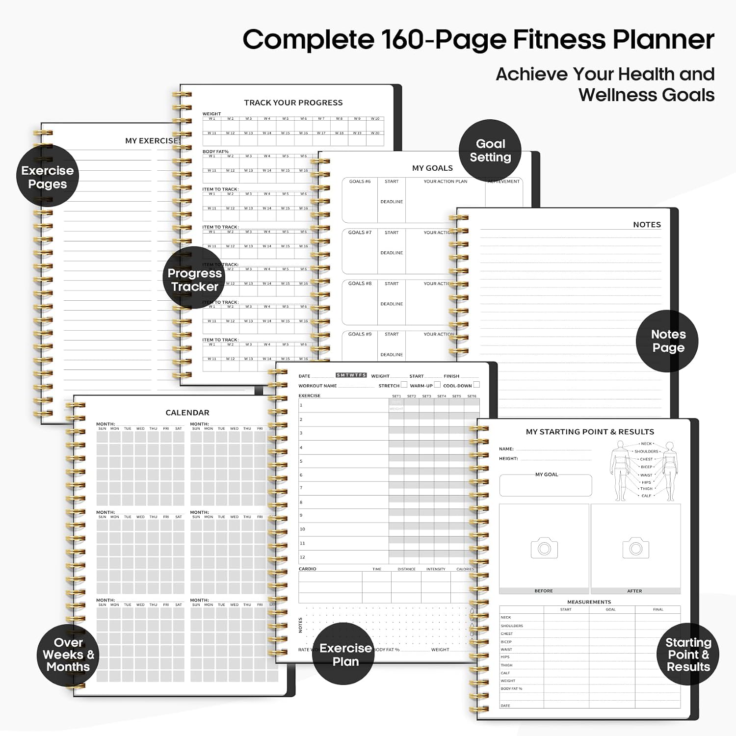 Detalle de Taja T009-Fitness-Black Workout Journal, A5 Undated Planner, 160 Pages