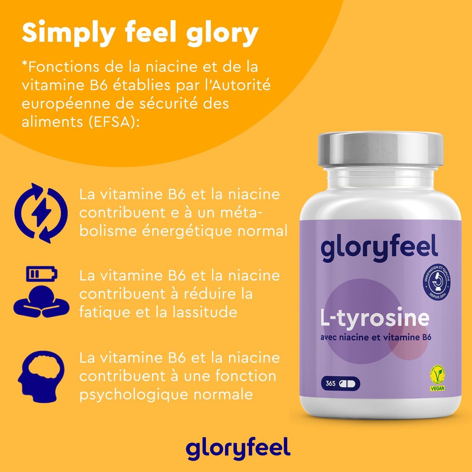 Thumbnail 3 de L-Tyrosine végane avec niacine et vitamine B6 — 365 capsules (dosage 1000 mg) contre la fatigue