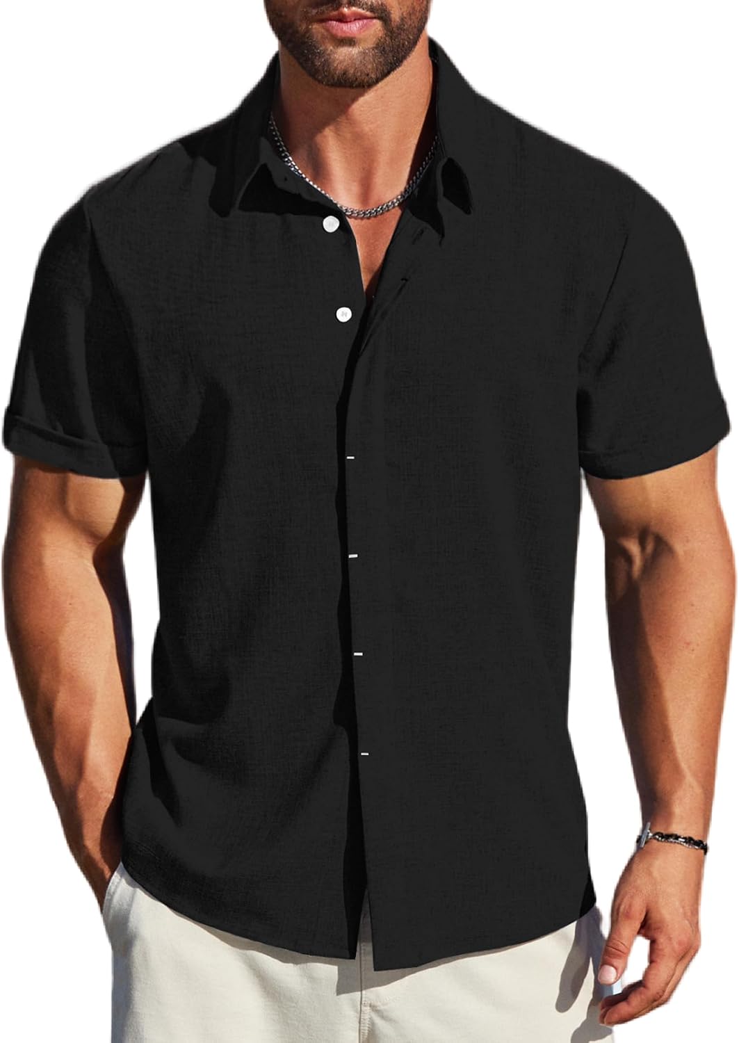 Thumbnail 5 de MAPICK Men's Linen Short Sleeve Shirt Casual Button-Down