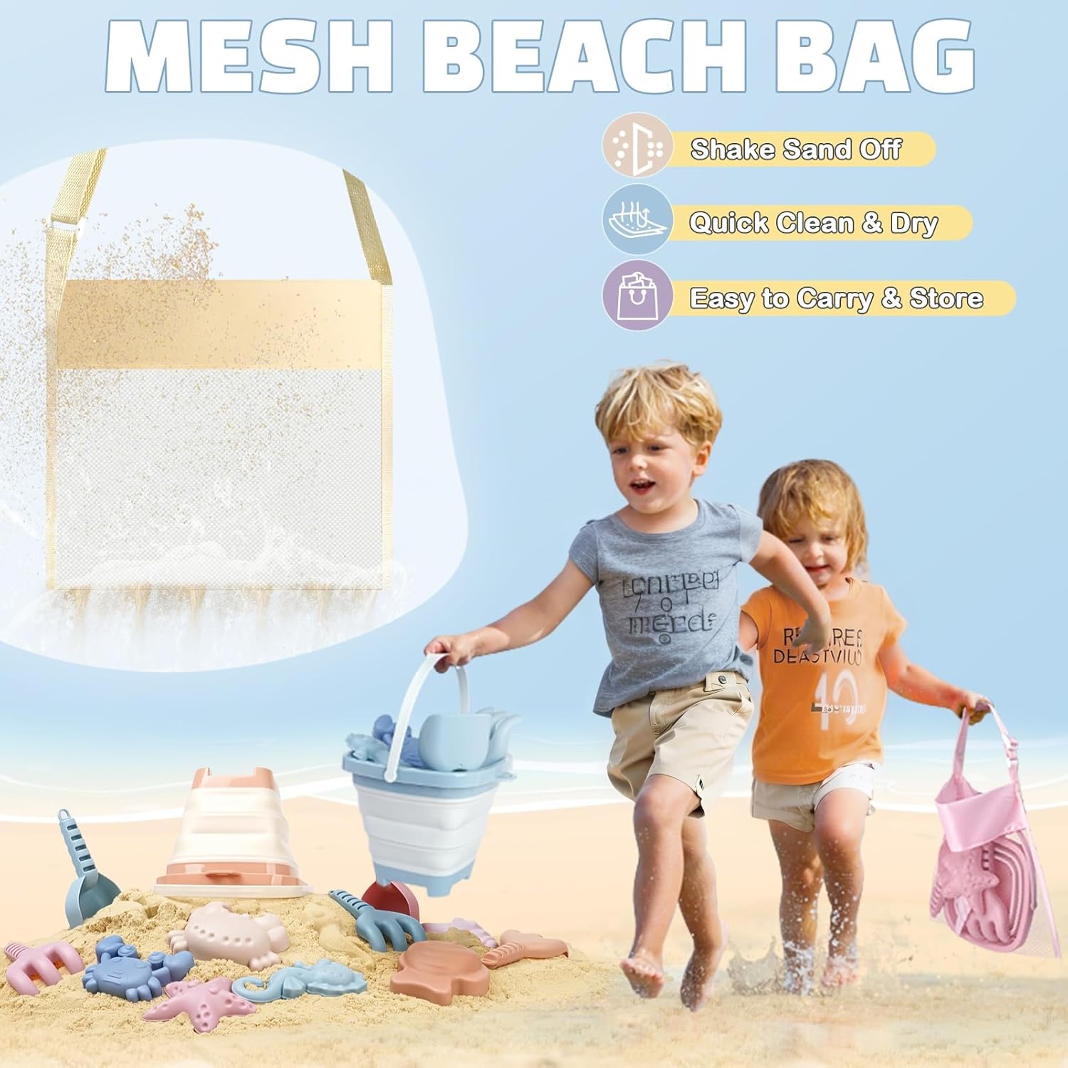 Thumbnail 4 de Dreamon Beach Toys Set for Kids (Ages 3–10) with Collapsible Sand Buckets, Molds, Shovels & Mesh Bag