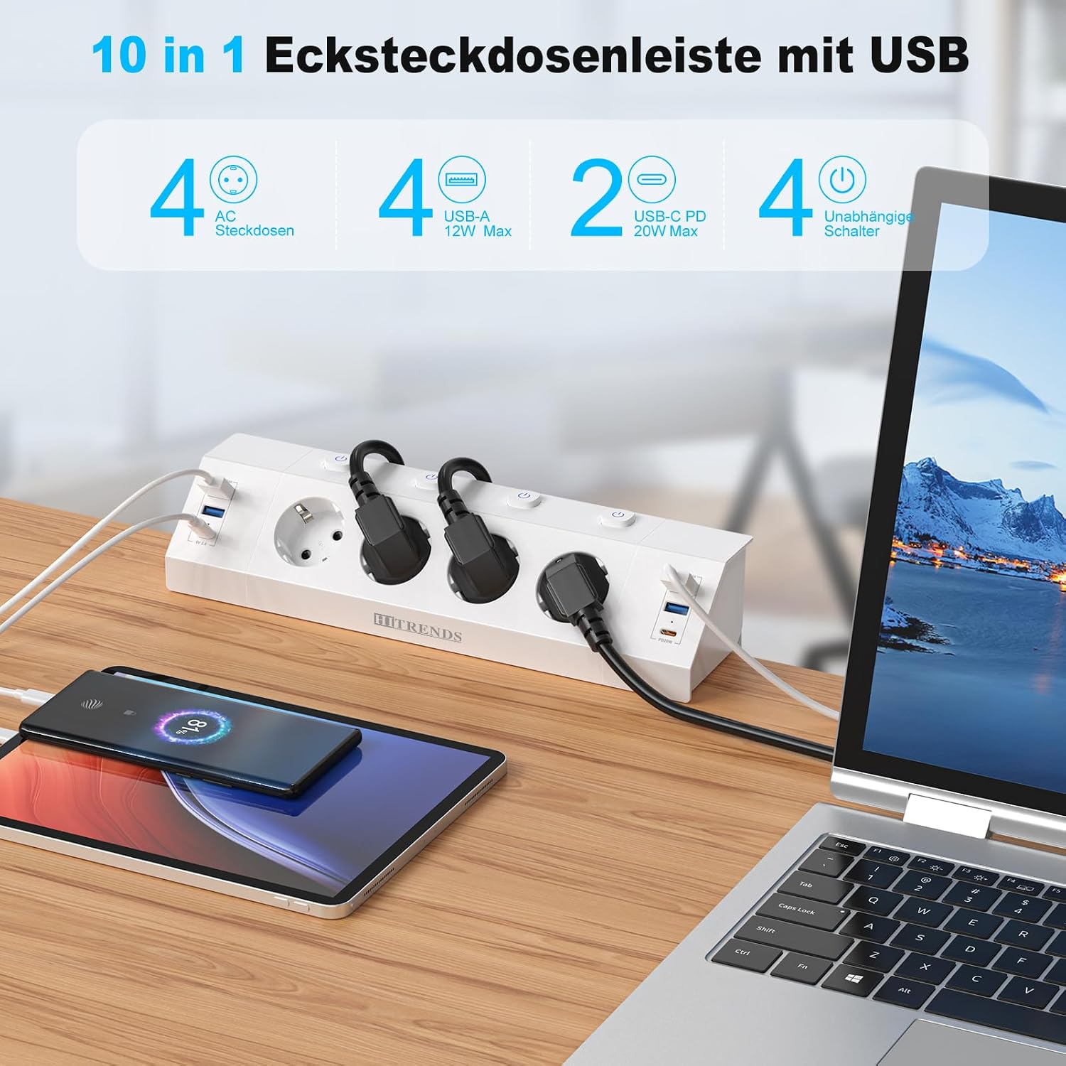 Thumbnail 1 de HITRENDS 4 Prises de Table-Blanc tafelstopcontact met USB en 4 schakelaars
