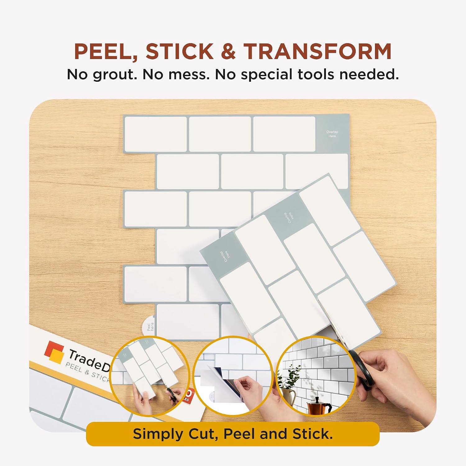 Detalle 2 de TradeDownCo Peel & Stick Wall Tiles (10 Sheets) – Premium Self-Adhesive 12x12 White Tile Stickers
